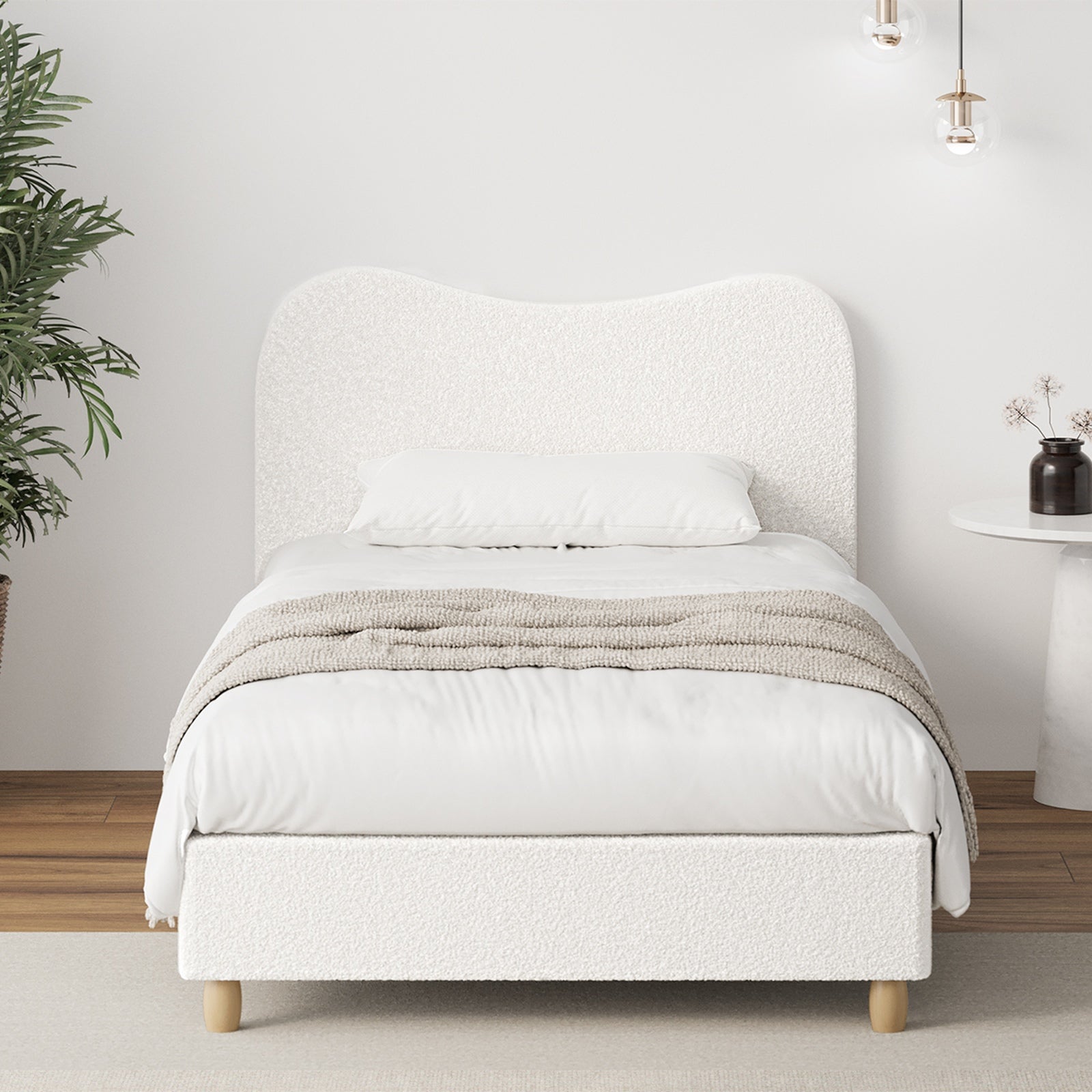 Oikiture Bed Frame King Single Size White Boucle Cloud Shape - Sunyee