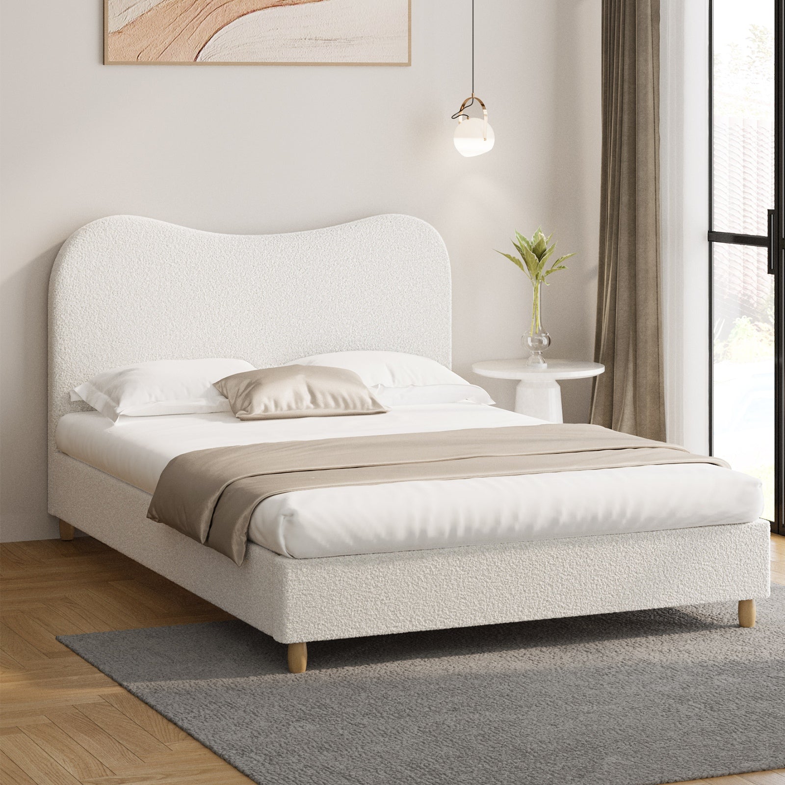 Oikiture Bed Frame Queen Size White Boucle Cloud Shape - Sunyee