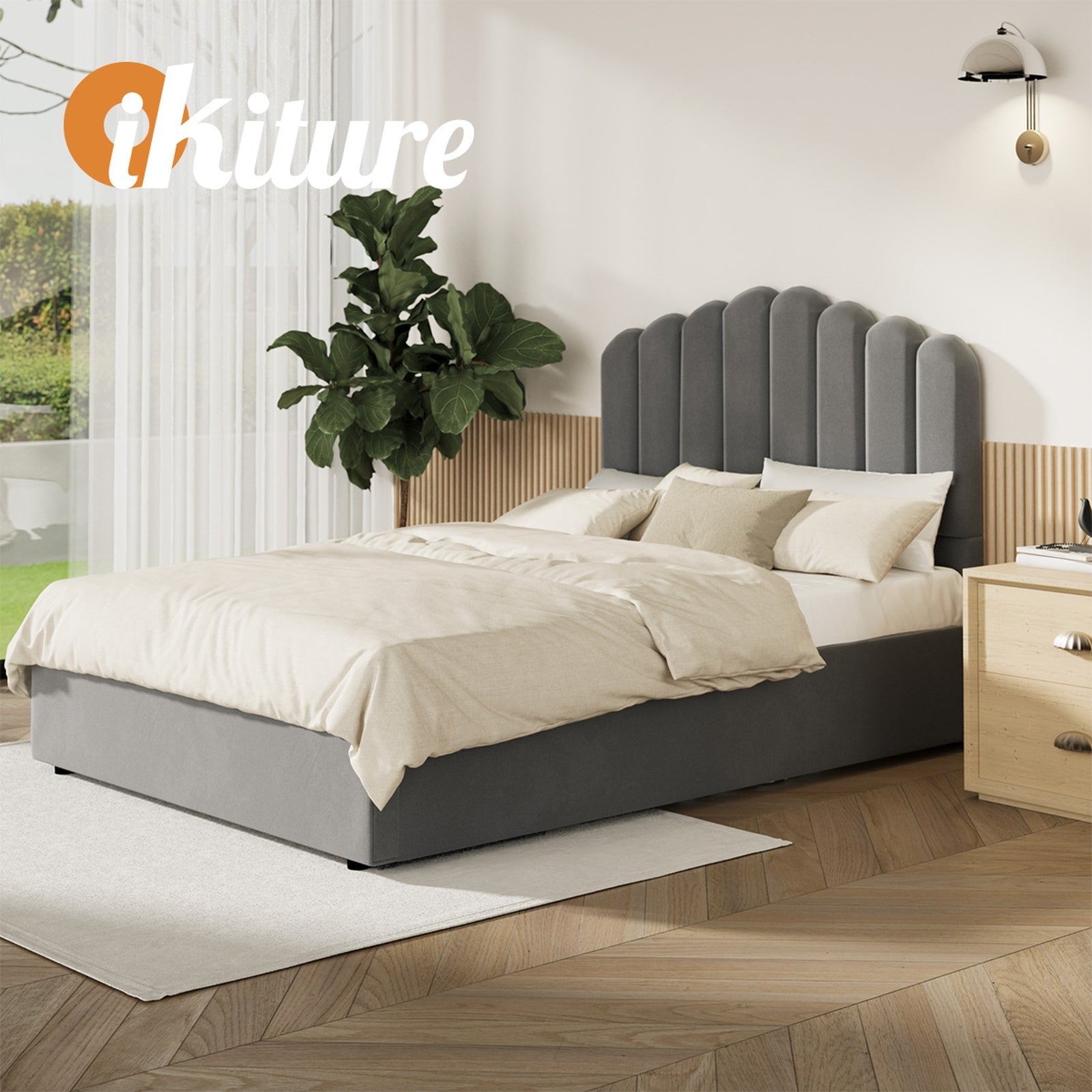 Oikiture Bed Frame Double Size Gas Lift Bed Base With Storage Velvet KLON - Sunyee