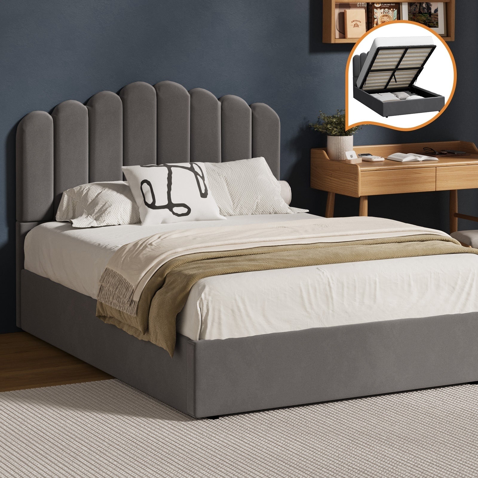 Oikiture Bed Frame Double Size Gas Lift Bed Base With Storage Velvet KLON - Sunyee