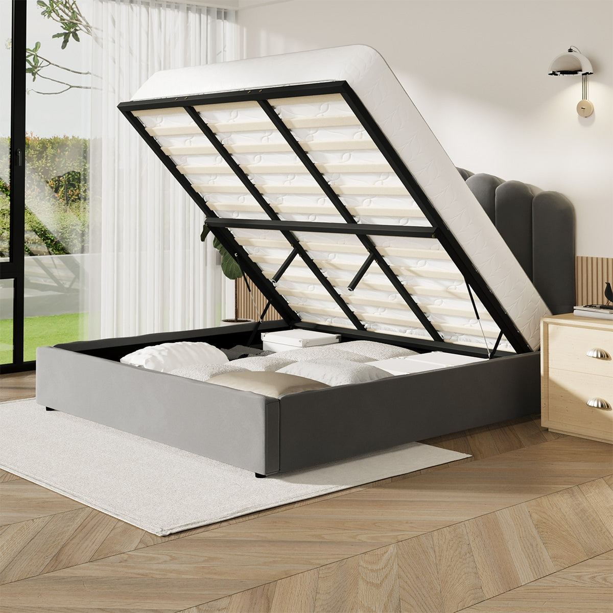 Oikiture Bed Frame King Size Gas Lift Bed Base With Storage Velvet KLON - Sunyee
