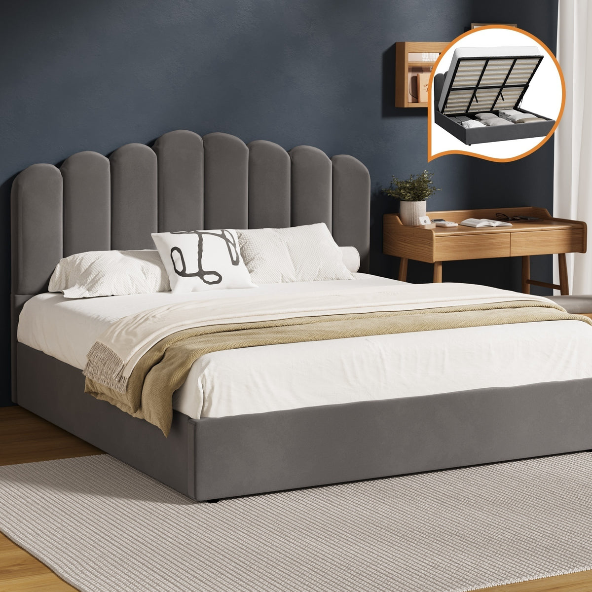 Oikiture Bed Frame King Size Gas Lift Bed Base With Storage Velvet KLON - Sunyee