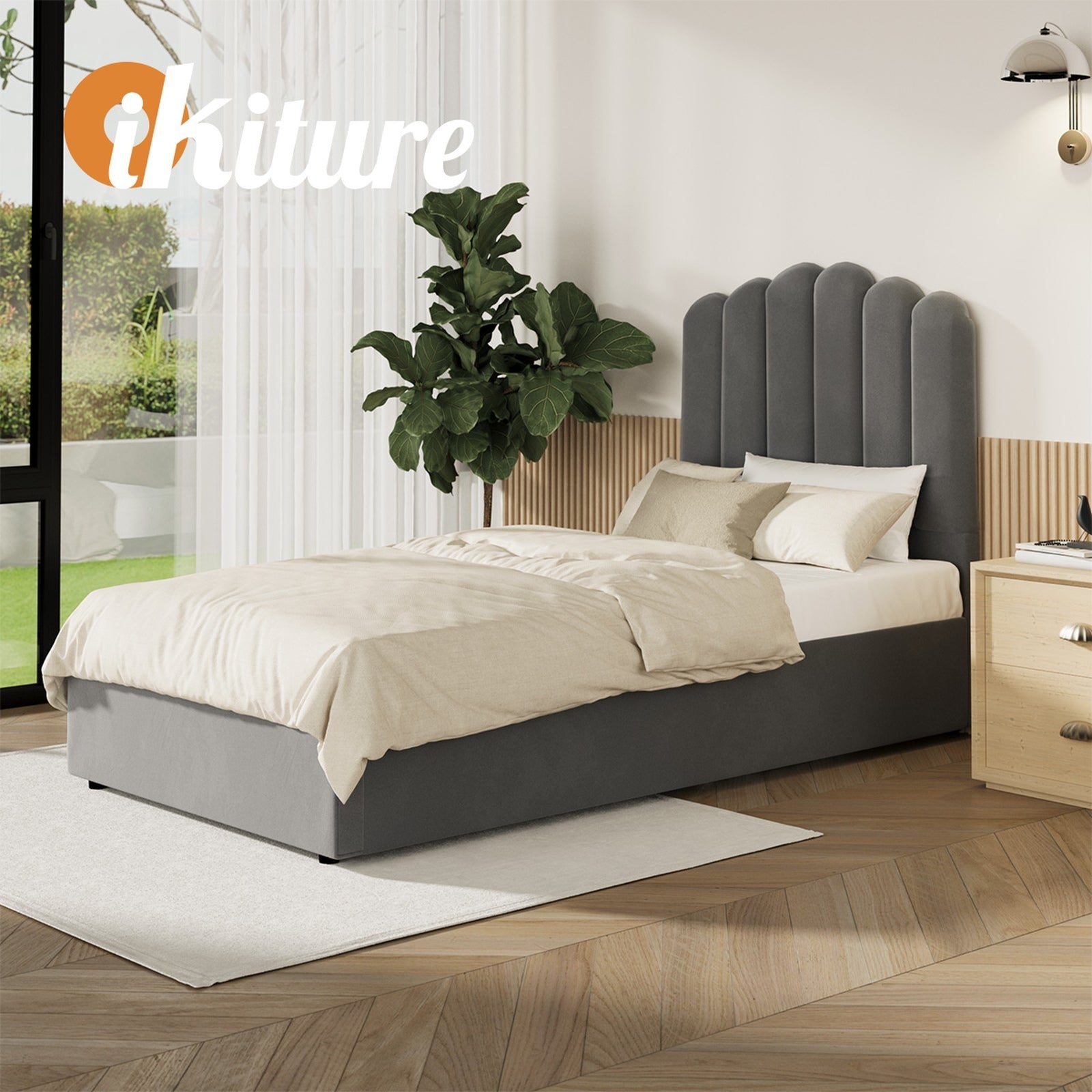 Oikiture Bed Frame King Single Size Gas Lift Bed Base With Storage Velvet KLON - Sunyee