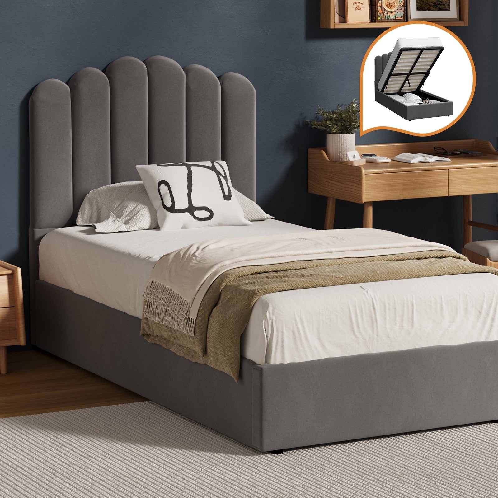 Oikiture Bed Frame King Single Size Gas Lift Bed Base With Storage Velvet KLON - Sunyee