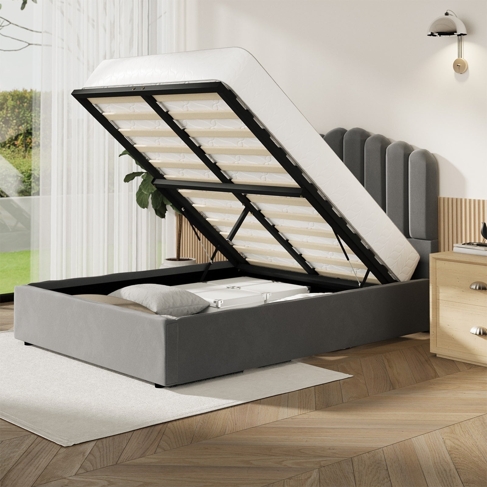Oikiture Bed Frame Queen Size Gas Lift Bed Base With Storage Velvet KLON - Sunyee