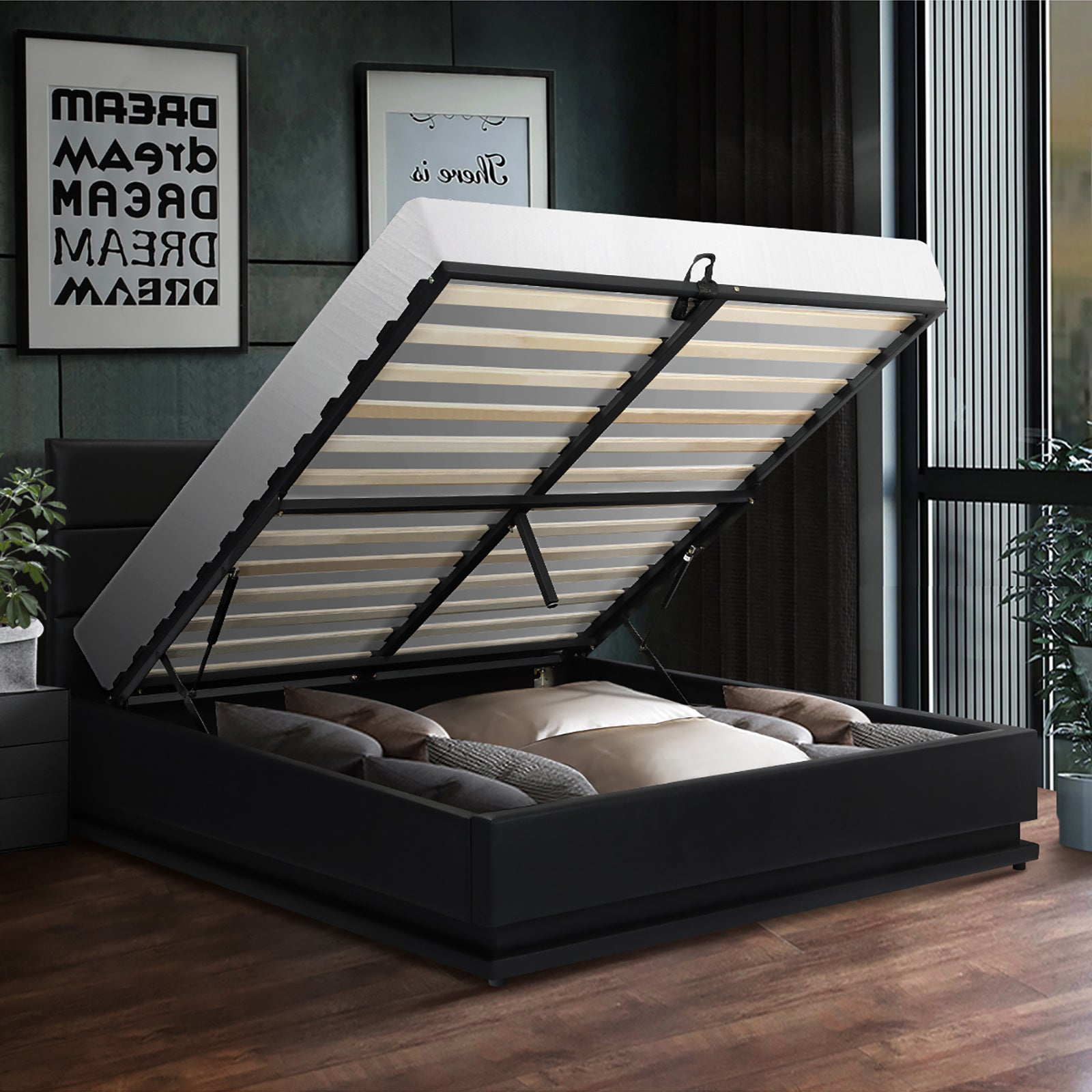 Oikiture RGB LED Bed Frame Double Size Gas Lift Base With Storage Black Leather - Sunyee