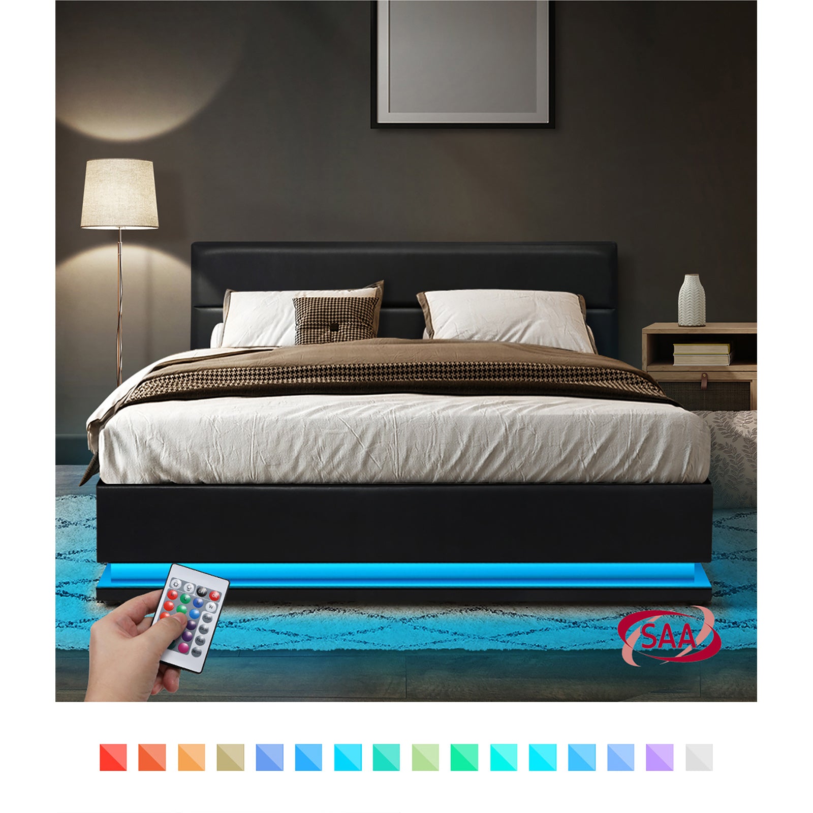 Oikiture RGB LED Bed Frame Double Size Gas Lift Base With Storage Black Leather - Sunyee