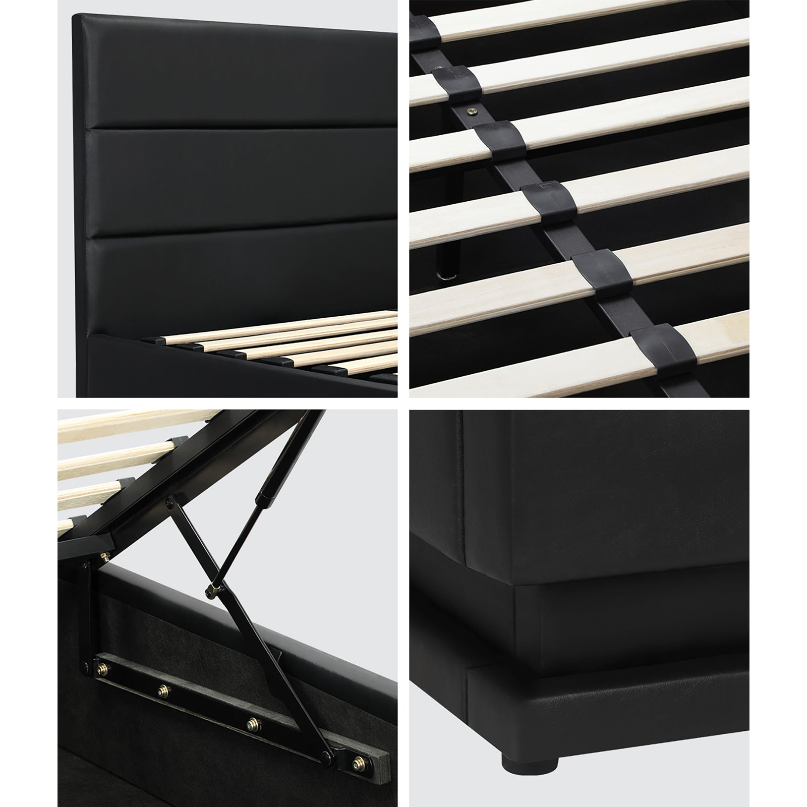 Oikiture RGB LED Bed Frame Double Size Gas Lift Base With Storage Black Leather - Sunyee