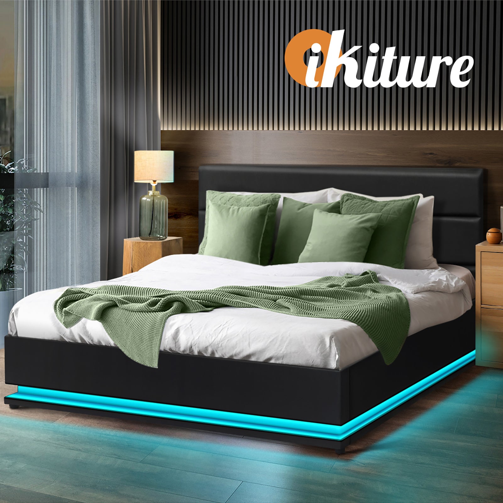 Oikiture RGB LED Bed Frame Double Size Gas Lift Base With Storage Black Leather - Sunyee