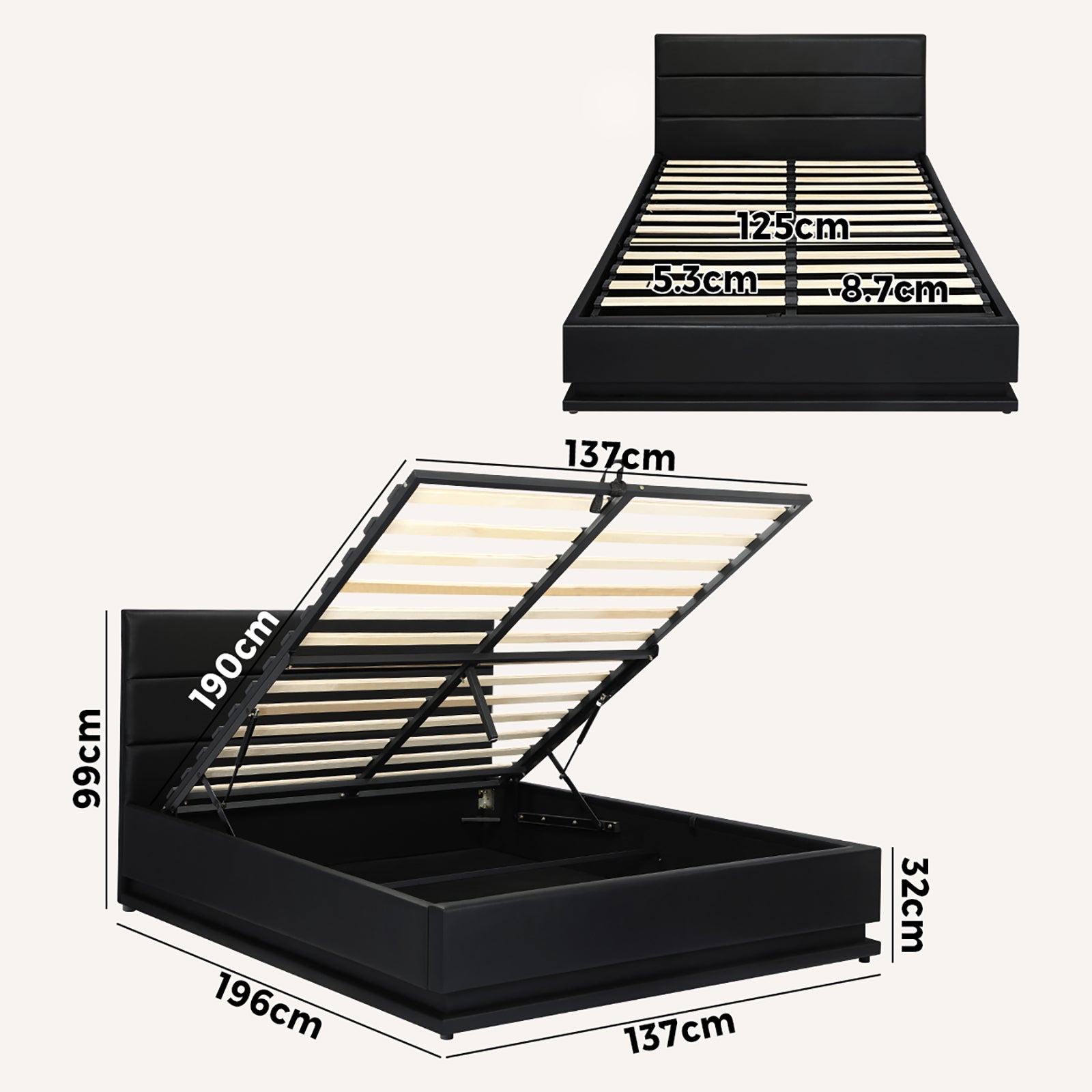 Oikiture RGB LED Bed Frame Double Size Gas Lift Base With Storage Black Leather - Sunyee