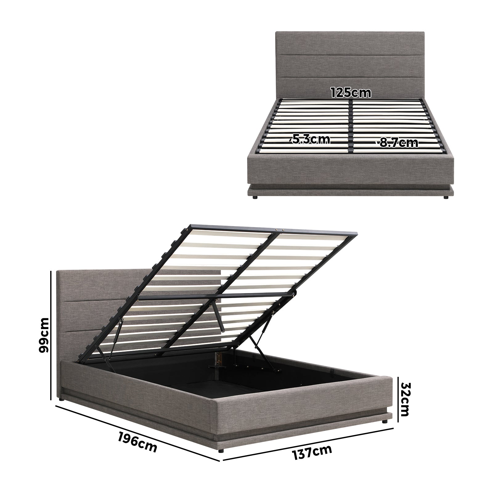 Oikiture Bed Frame Double Size Bed Platform RGB LED Gas Lift Base Storage Grey - Sunyee