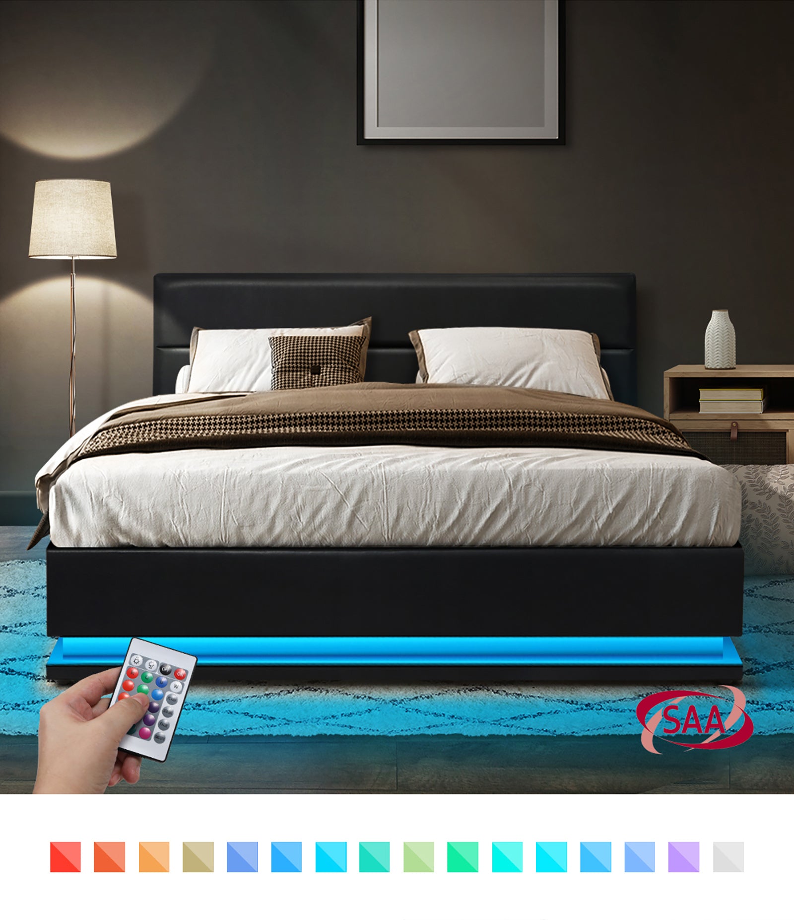 Oikiture RGB LED Bed Frame King Size Gas Lift Base With Storage Black Leather - Sunyee