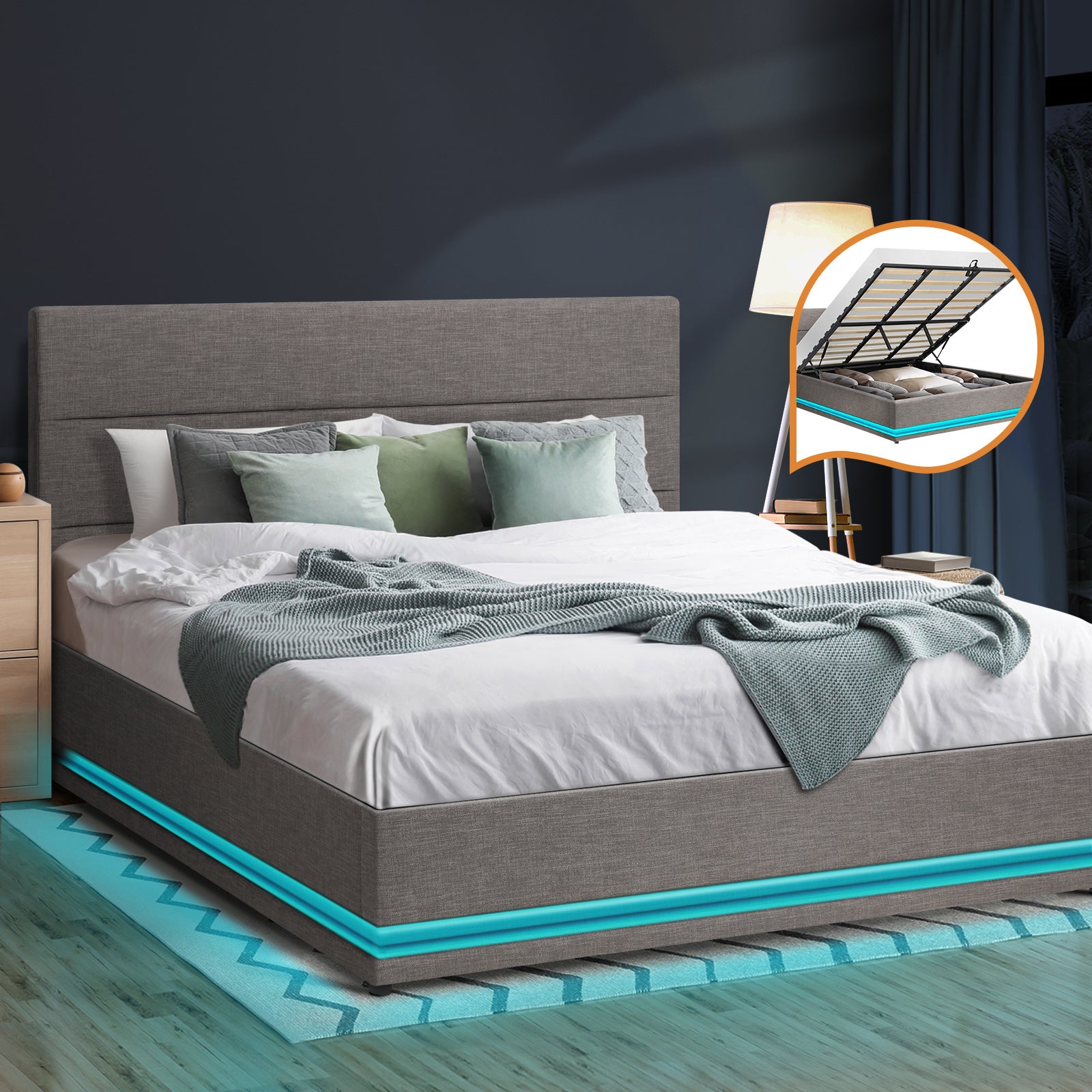 Oikiture Bed Frame King Size Bed Platform RGB LED Gas Lift Base Storage Grey - Sunyee