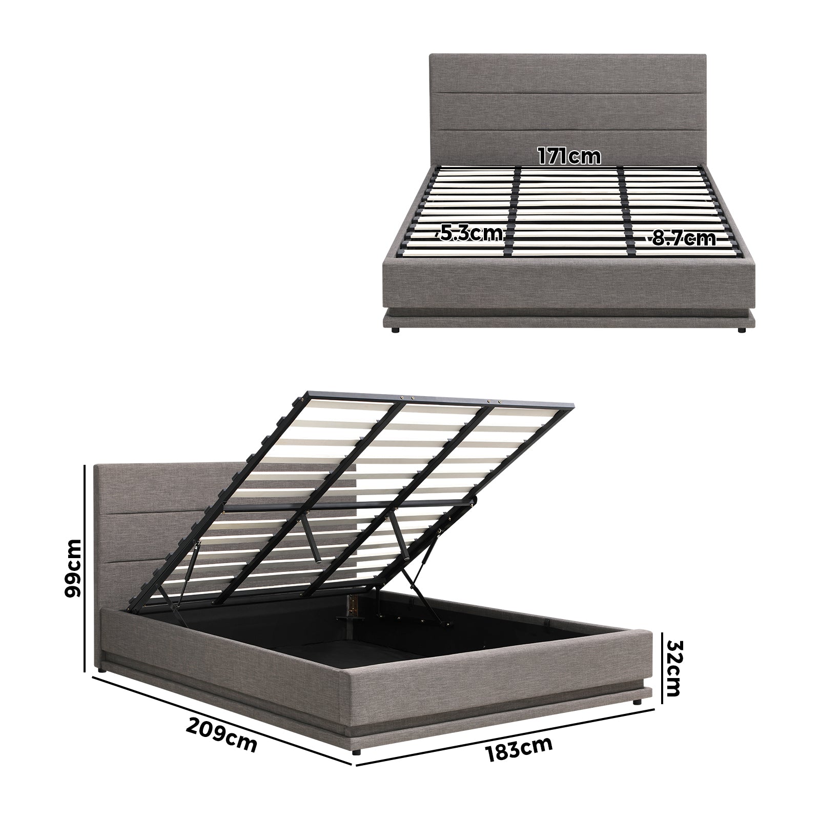 Oikiture Bed Frame King Size Bed Platform RGB LED Gas Lift Base Storage Grey - Sunyee