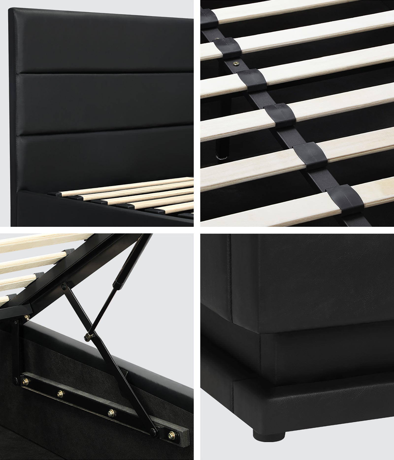 Oikiture RGB LED Bed Frame Queen Size Gas Lift Base With Storage Black Leather - Sunyee