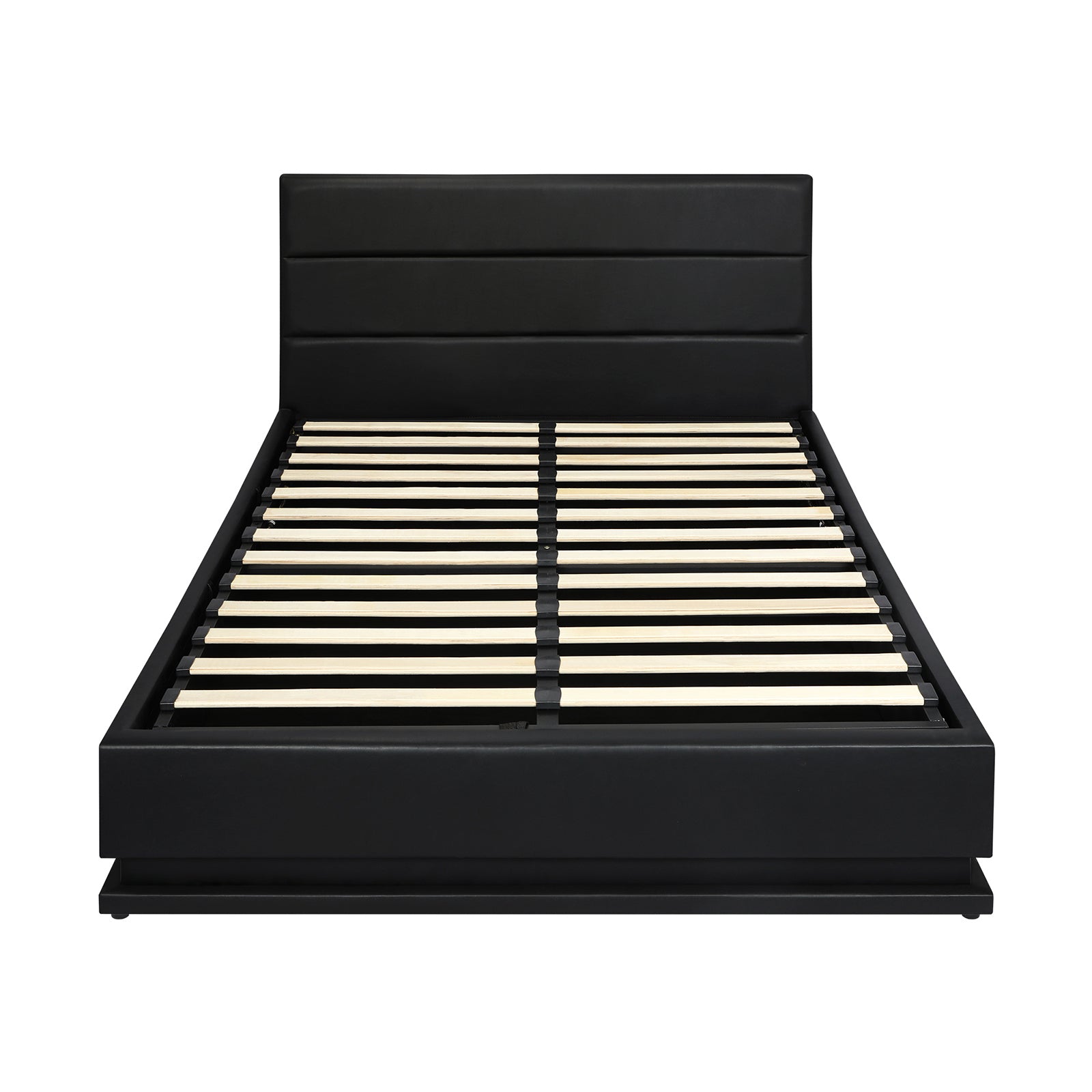 Oikiture RGB LED Bed Frame Queen Size Gas Lift Base With Storage Black Leather - Sunyee