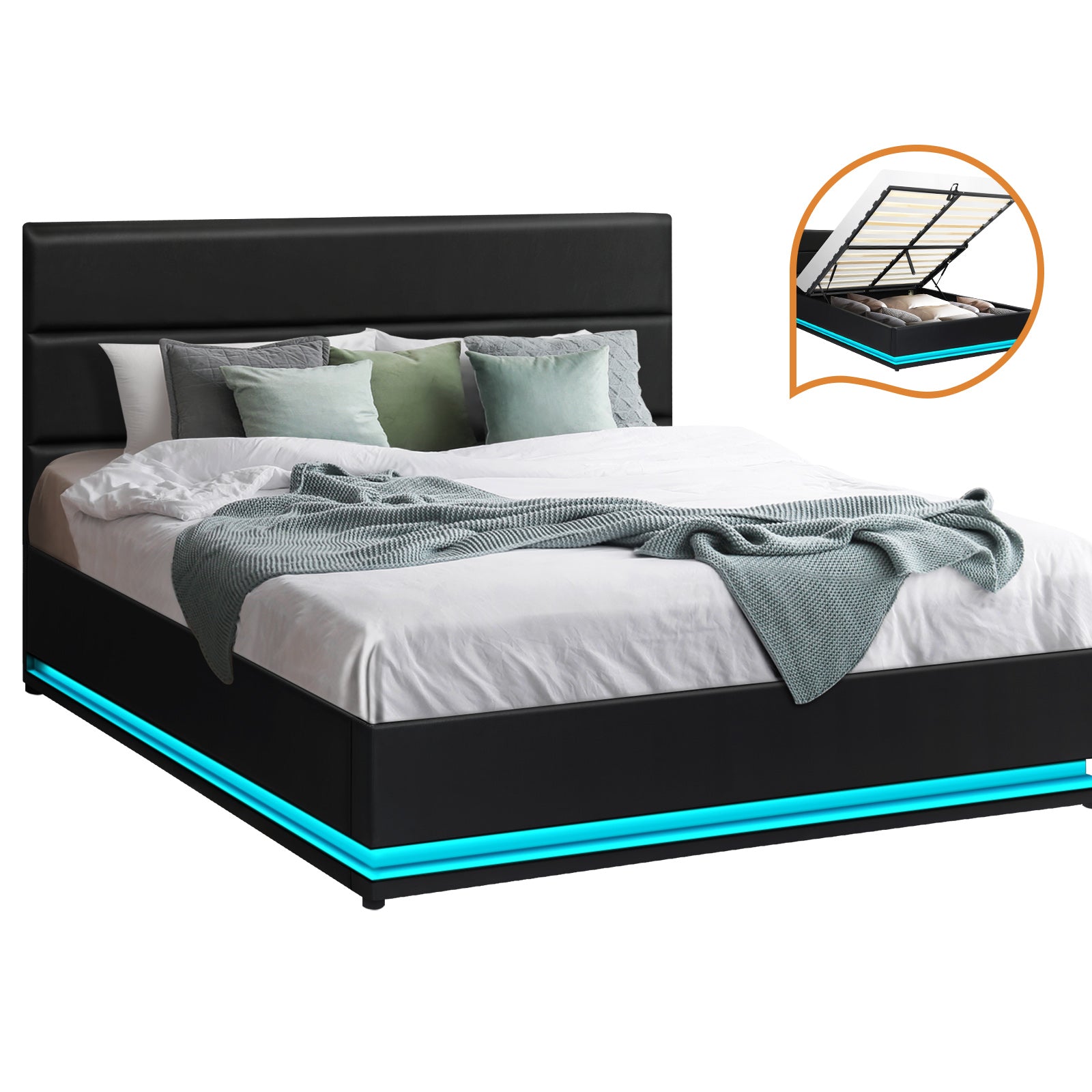 Oikiture RGB LED Bed Frame Queen Size Gas Lift Base With Storage Black Leather - Sunyee