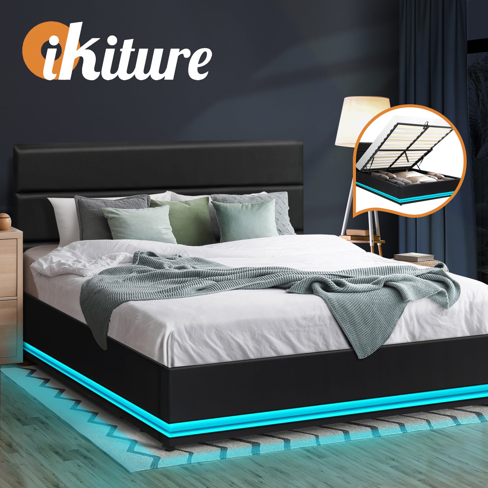Oikiture RGB LED Bed Frame Queen Size Gas Lift Base With Storage Black Leather - Sunyee