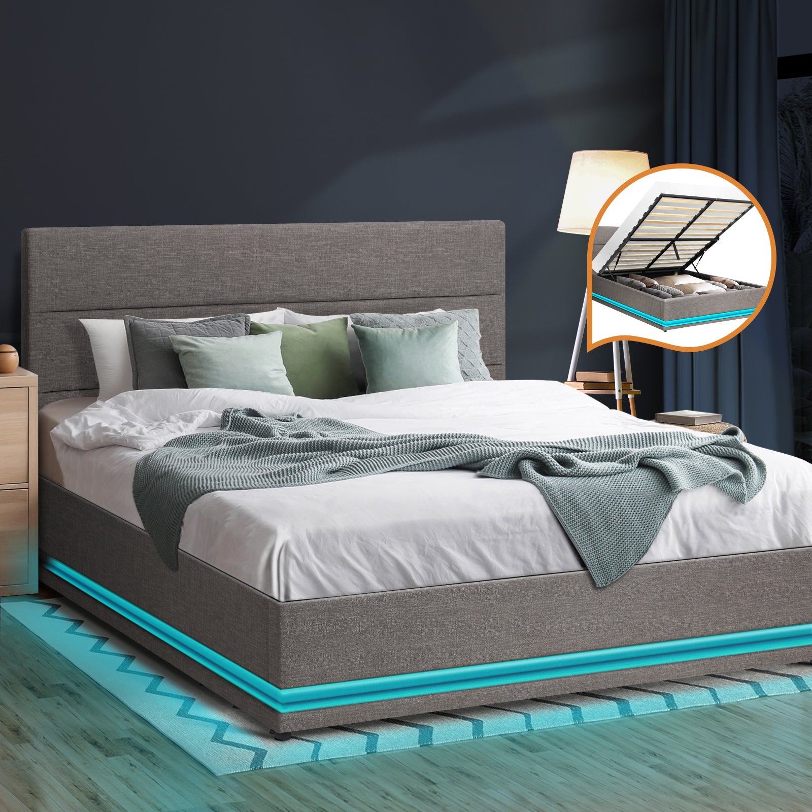 Oikiture Bed Frame Queen Size Bed Platform RGB LED Gas Lift Base Storage Grey - Sunyee