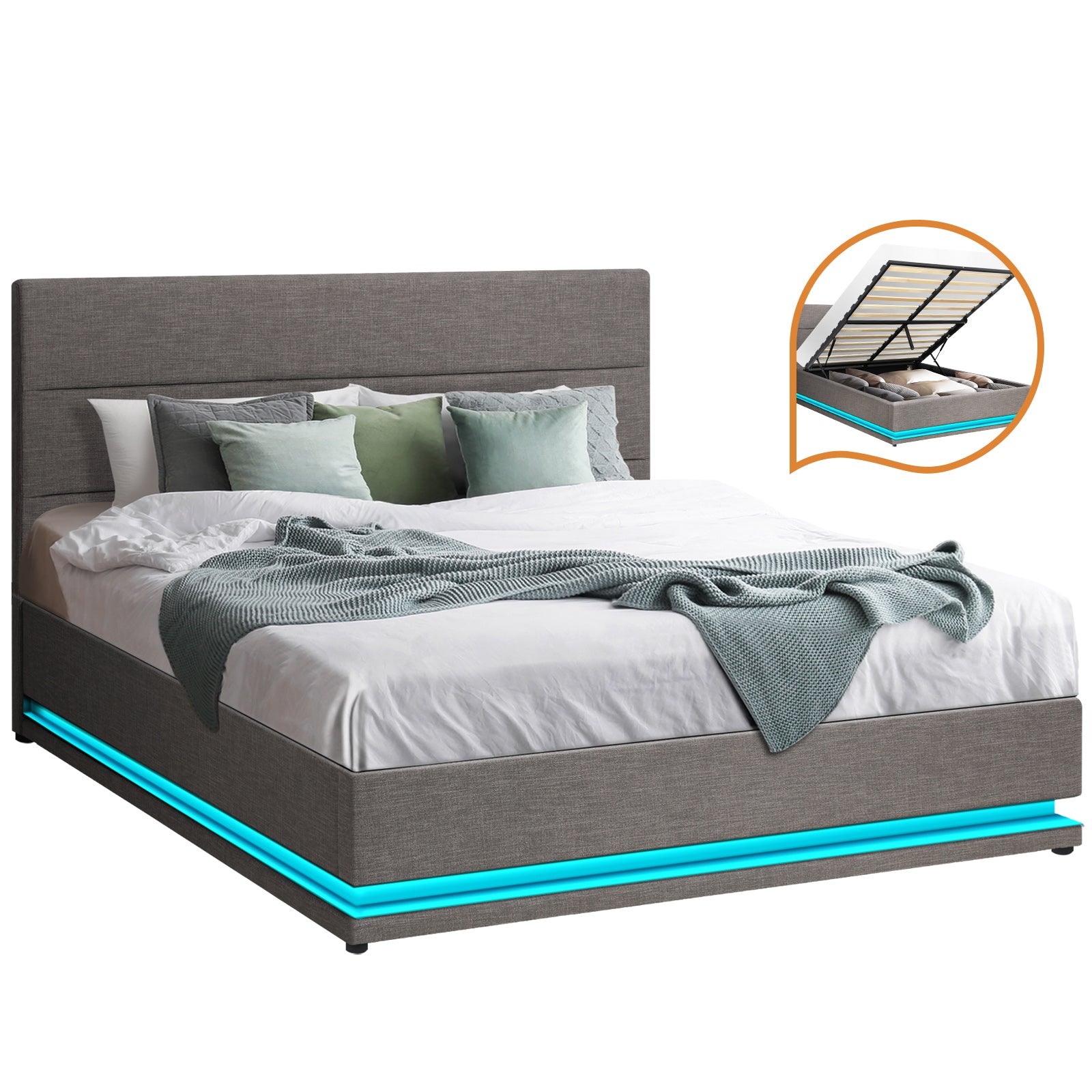 Oikiture Bed Frame Queen Size Bed Platform RGB LED Gas Lift Base Storage Grey - Sunyee