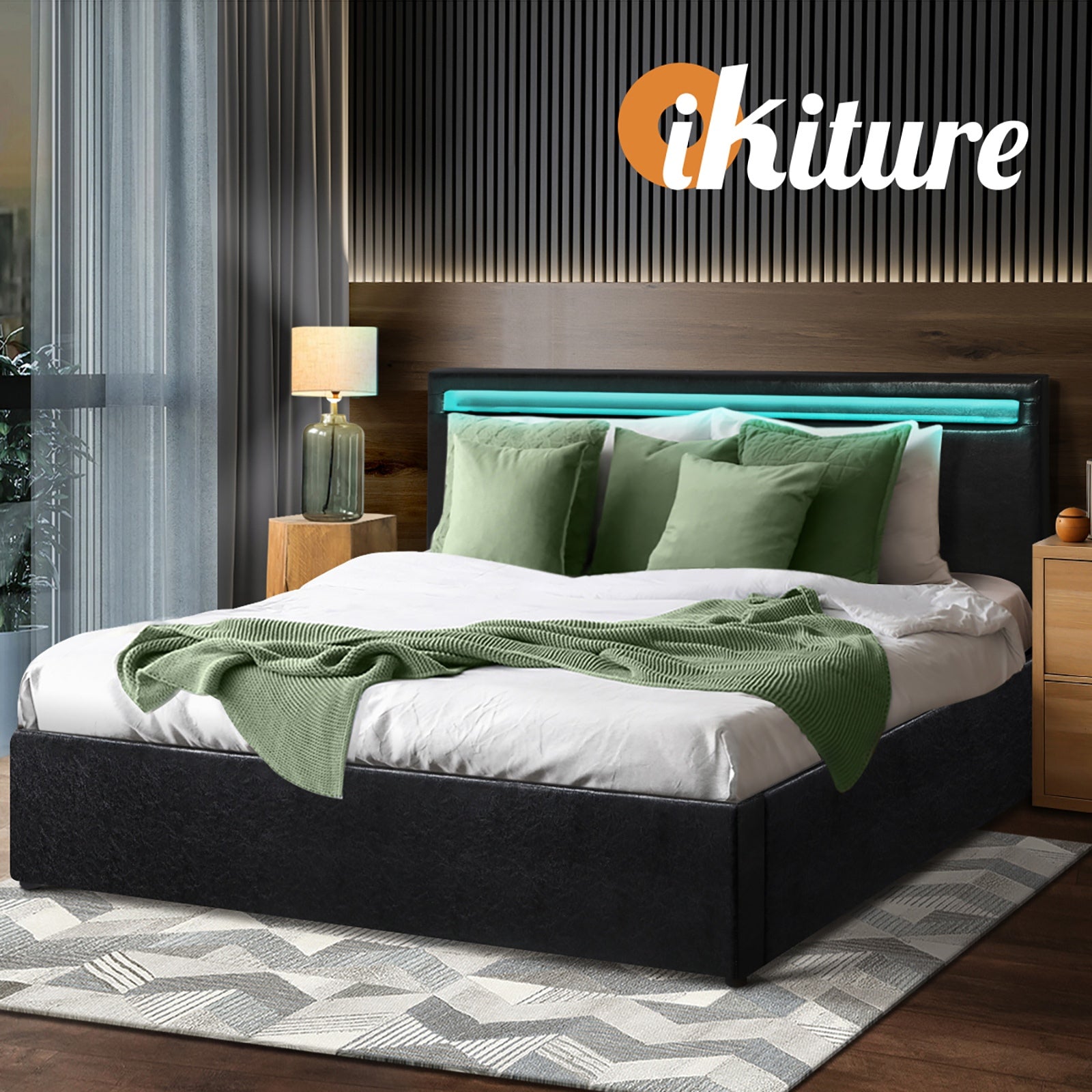 Oikiture Bed Frame Queen Double King Single RGB LED Gas Lift Base Storage Black - Sunyee