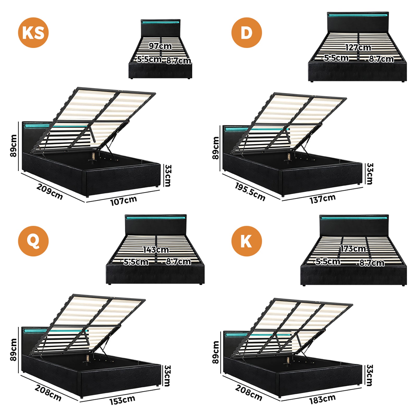 Oikiture Bed Frame Queen Double King Single RGB LED Gas Lift Base Storage Black - Sunyee