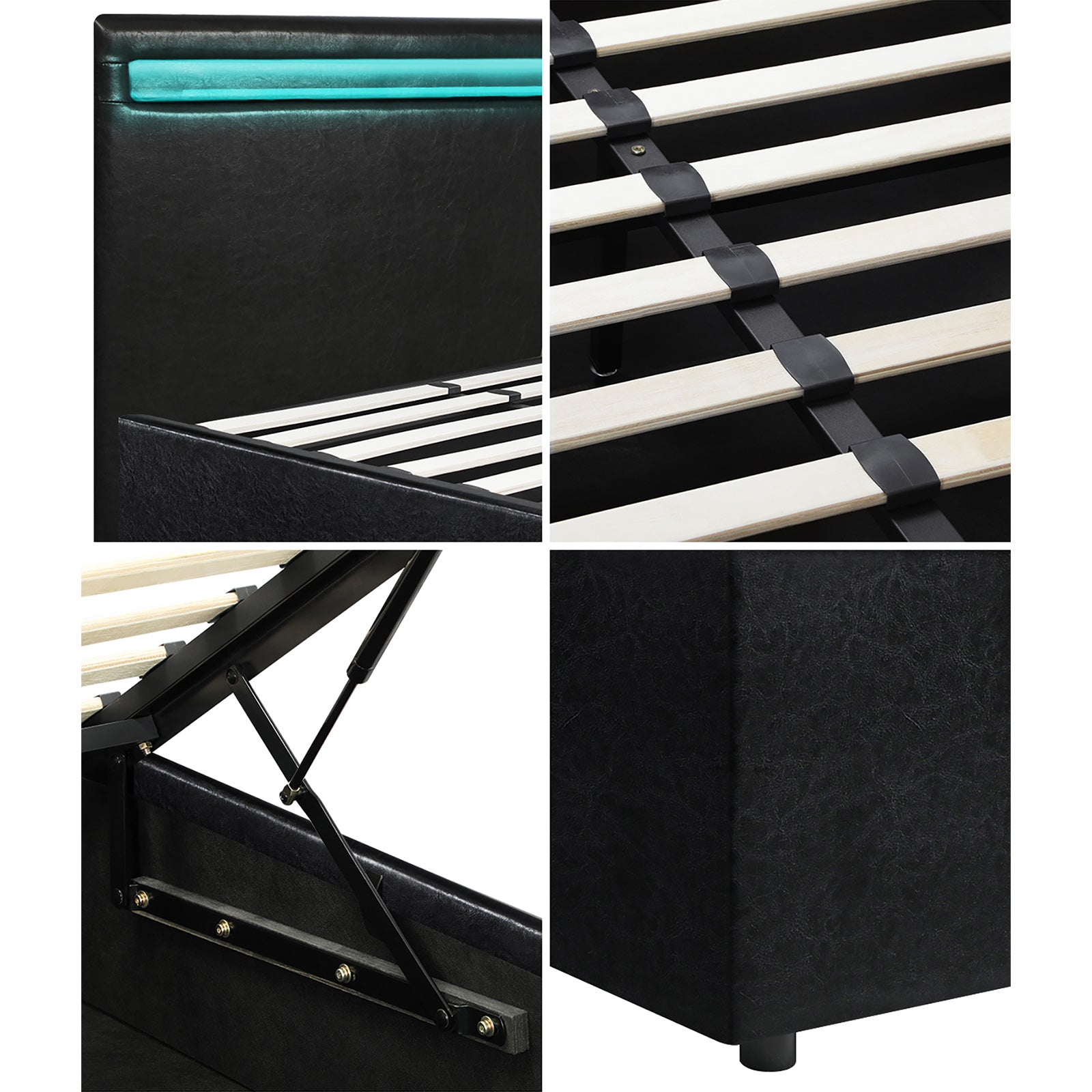 Oikiture Bed Frame RGB LED Double Size Gas Lift Storage Base Black - Sunyee