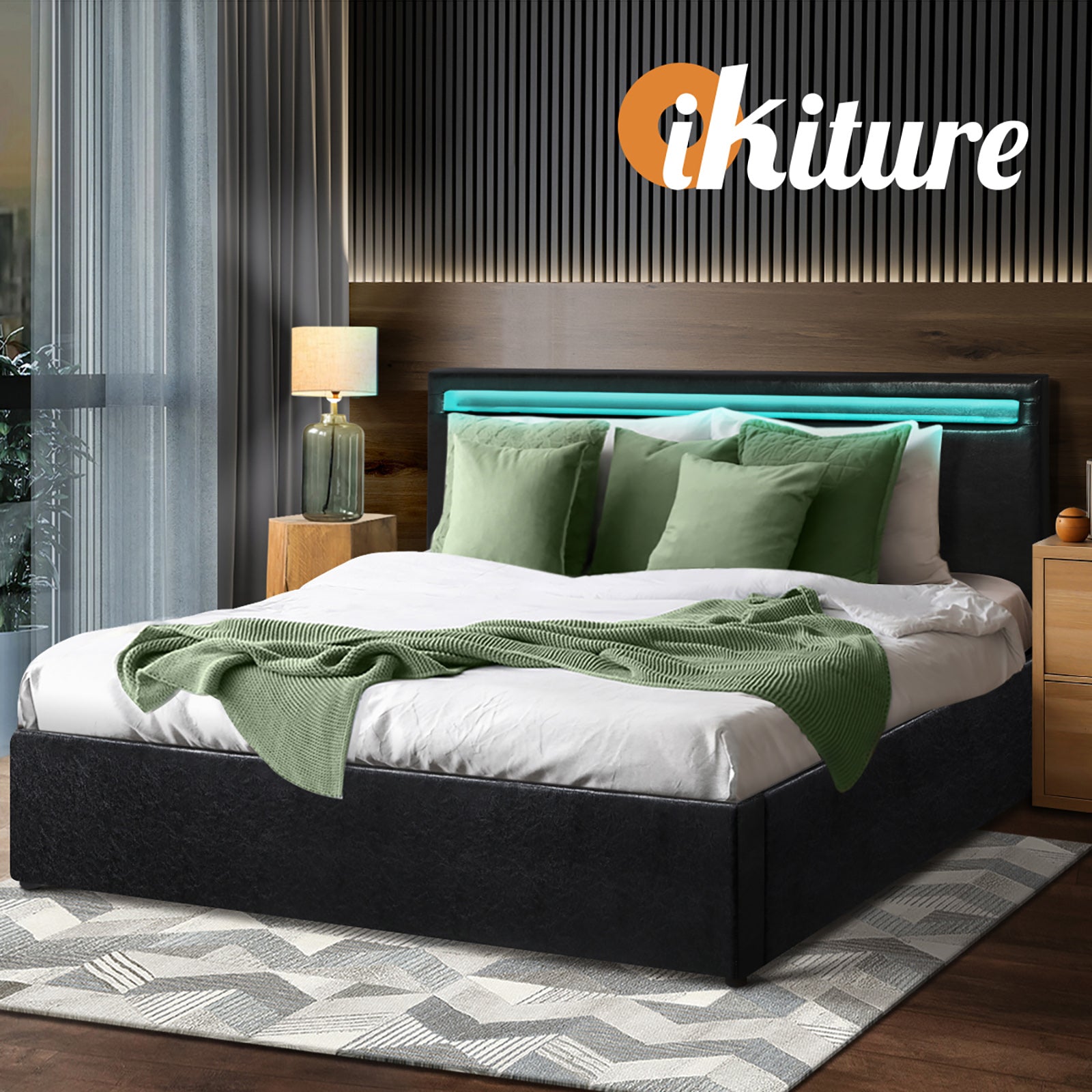 Oikiture Bed Frame RGB LED Double Size Gas Lift Storage Base Black - Sunyee