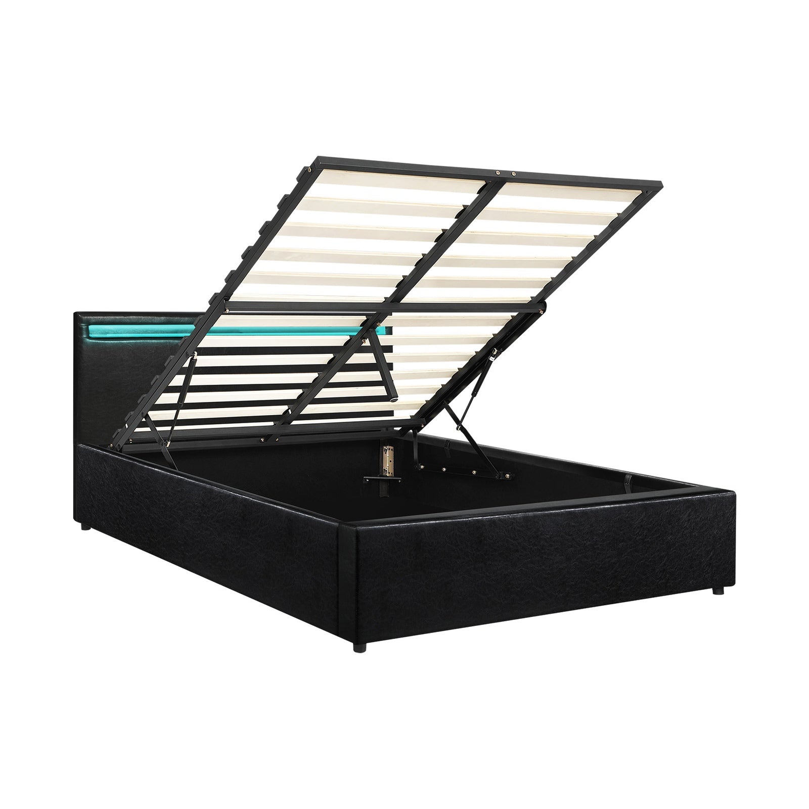 Oikiture Bed Frame RGB LED Double Size Gas Lift Storage Base Black - Sunyee