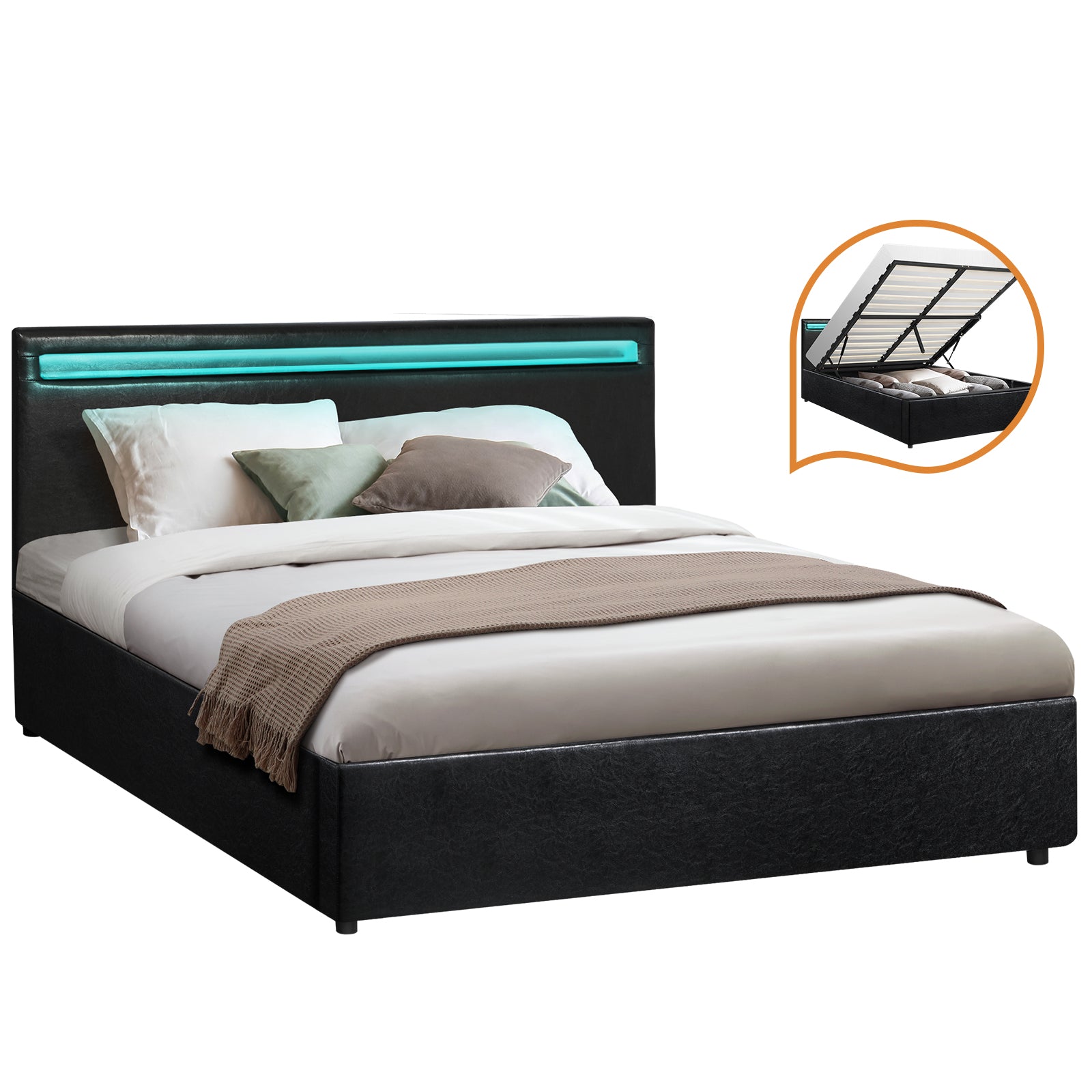 Oikiture Bed Frame Queen Double King Single RGB LED Gas Lift Base Storage Black - Sunyee