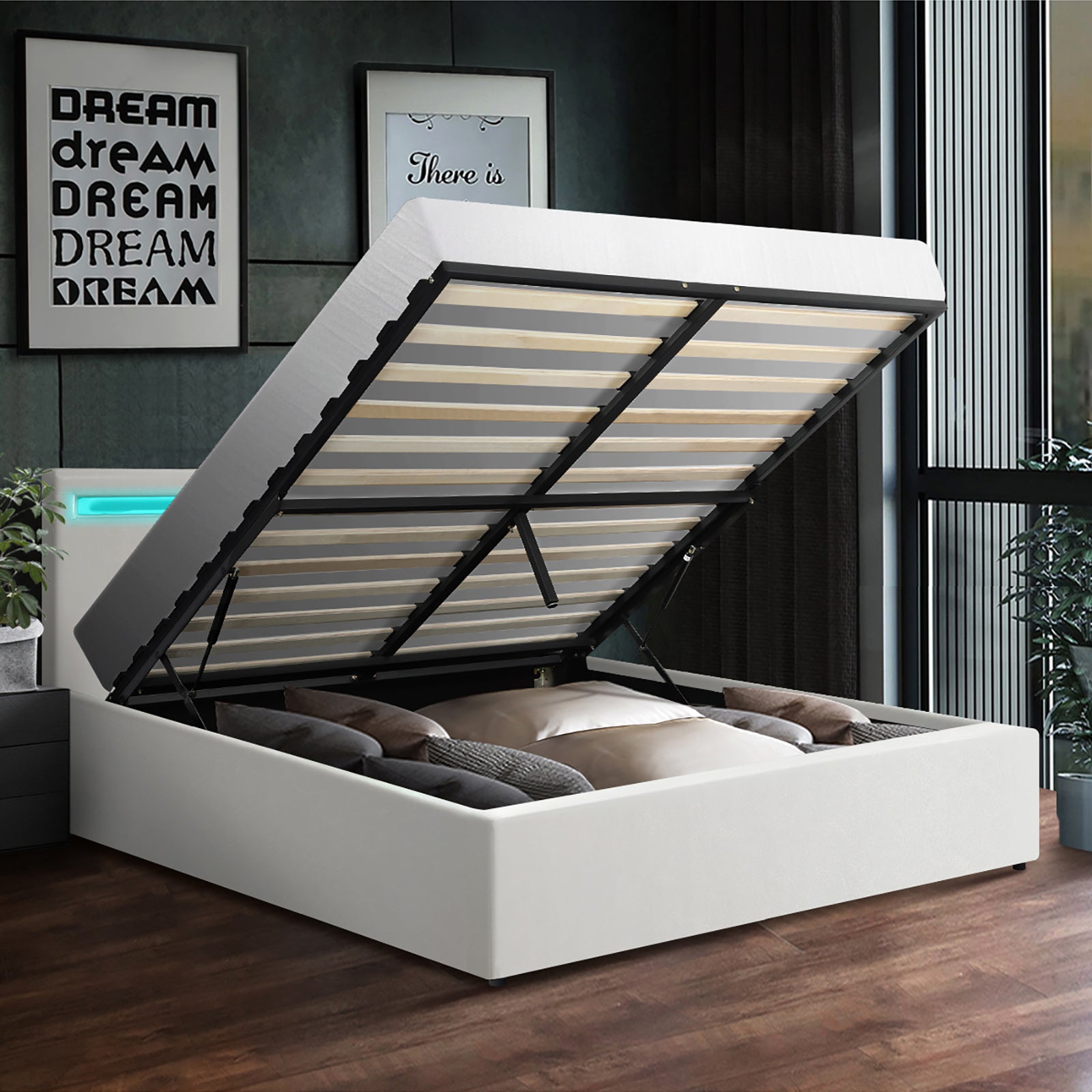 Oikiture Bed Frame Double Size RGB LED Gas Lift Storage Base White - Sunyee