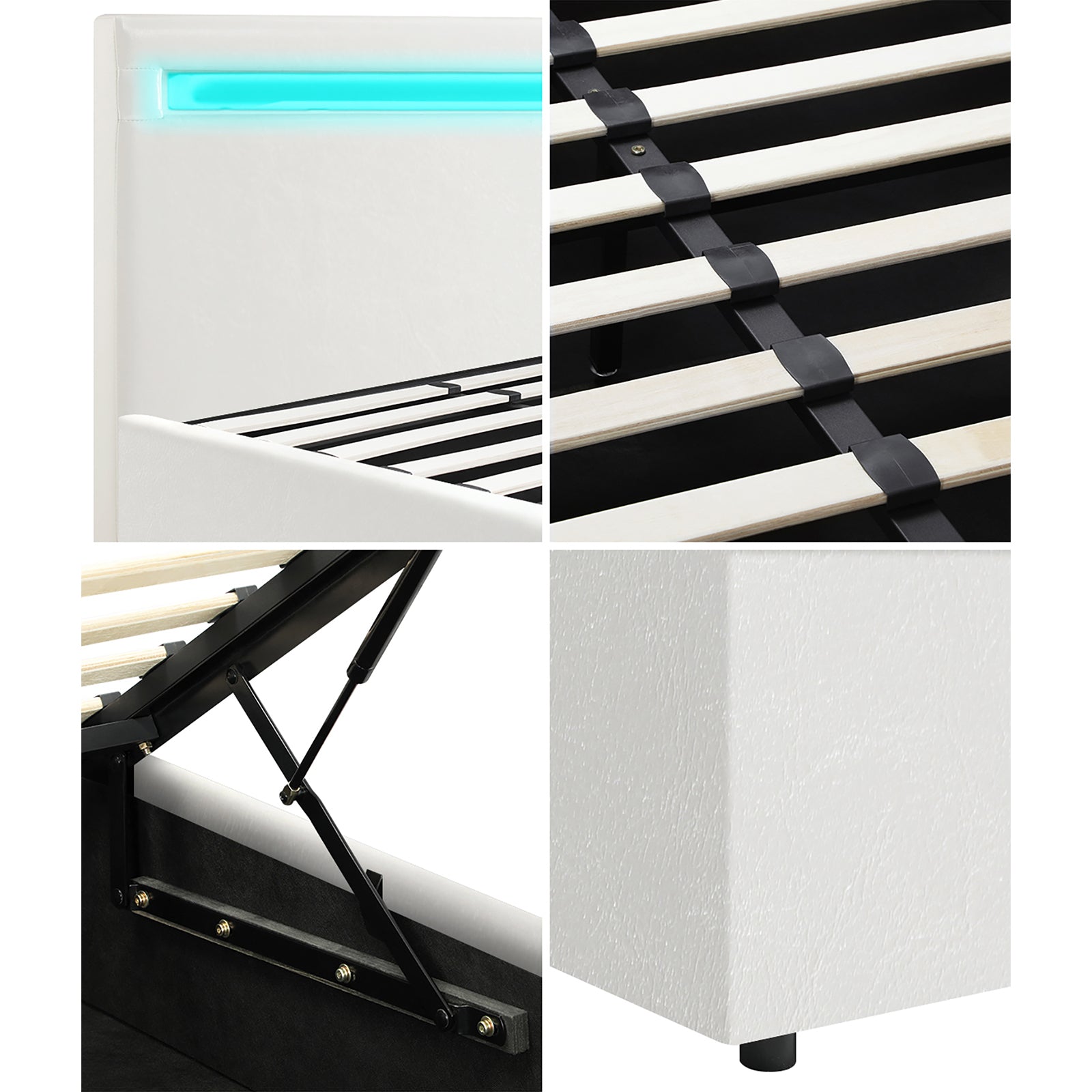 Oikiture Bed Frame Double Size RGB LED Gas Lift Storage Base White - Sunyee