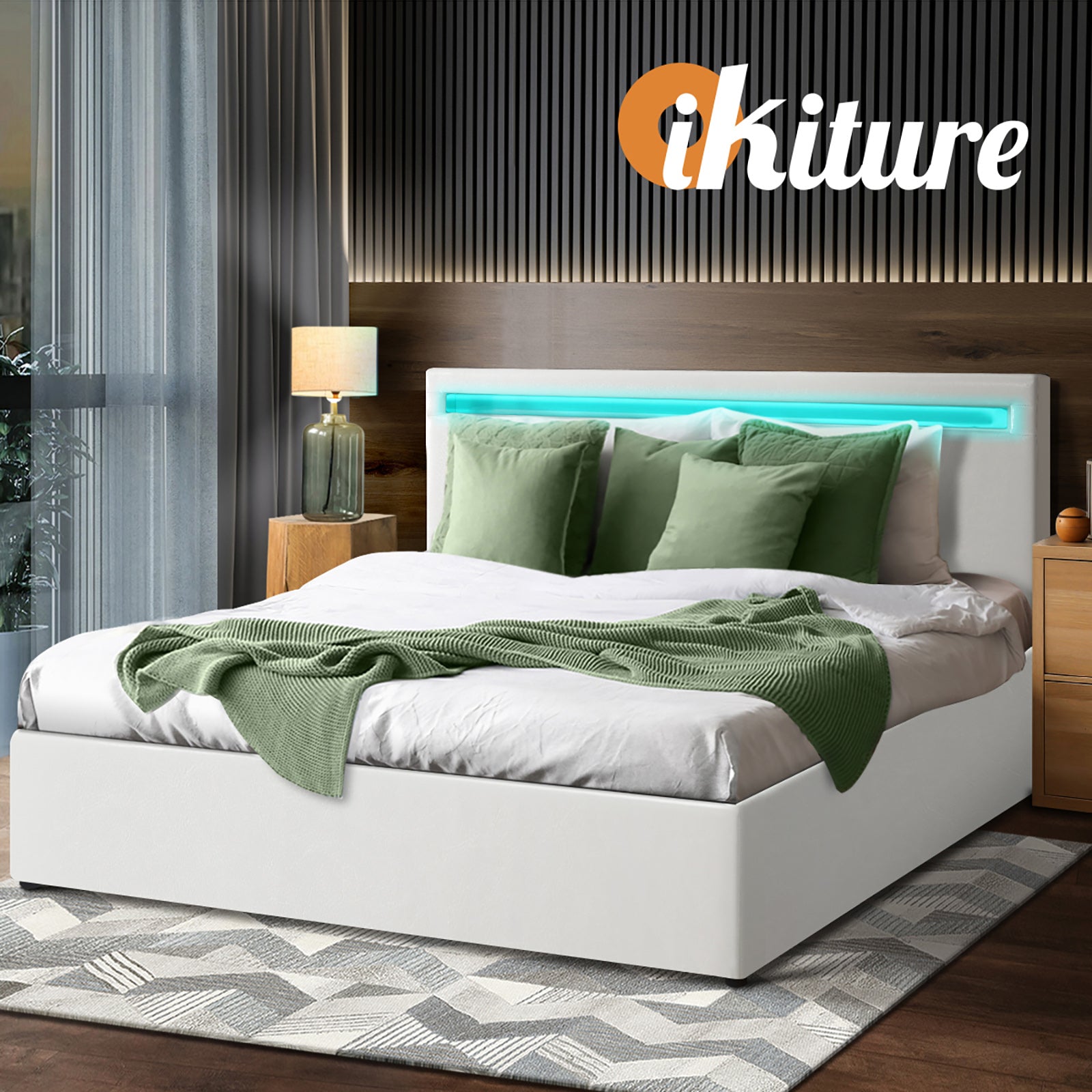 Oikiture Bed Frame Double Size RGB LED Gas Lift Storage Base White - Sunyee