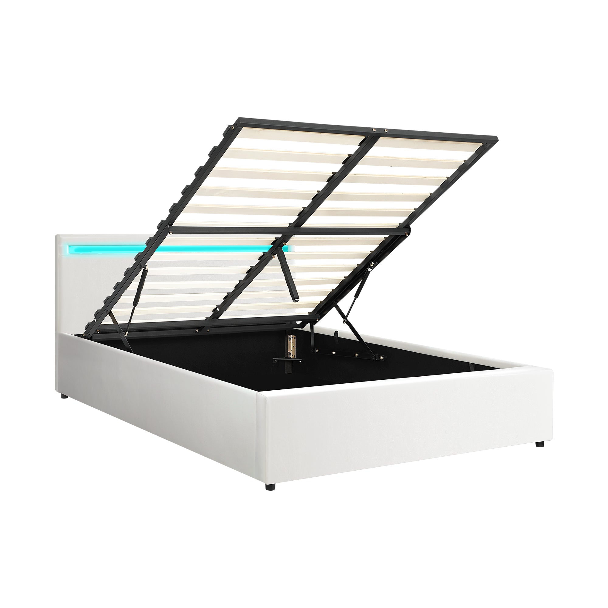 Oikiture Bed Frame Double Size RGB LED Gas Lift Storage Base White - Sunyee