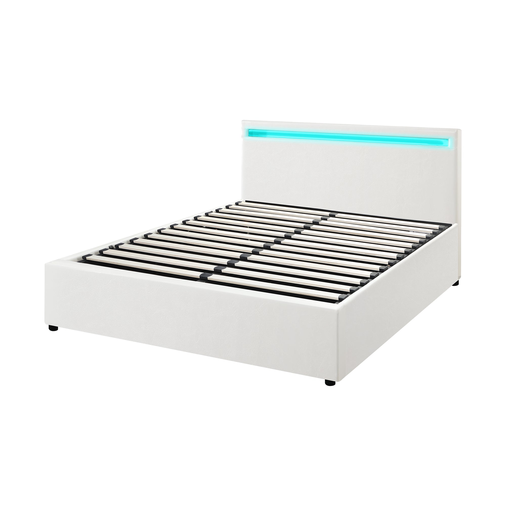 Oikiture Bed Frame Double Size RGB LED Gas Lift Storage Base White - Sunyee