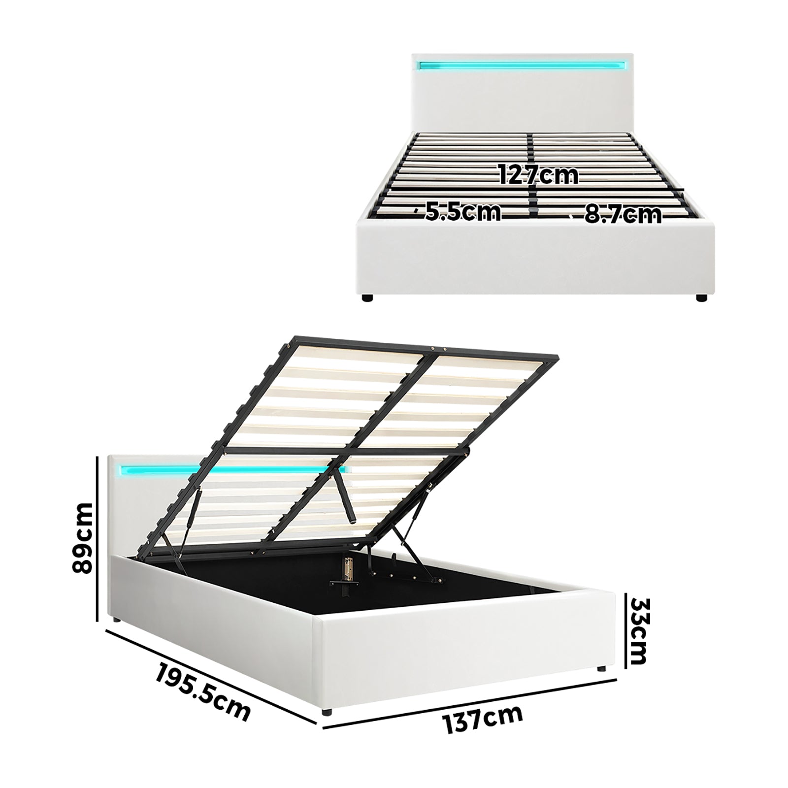 Oikiture Bed Frame Double Size RGB LED Gas Lift Storage Base White - Sunyee
