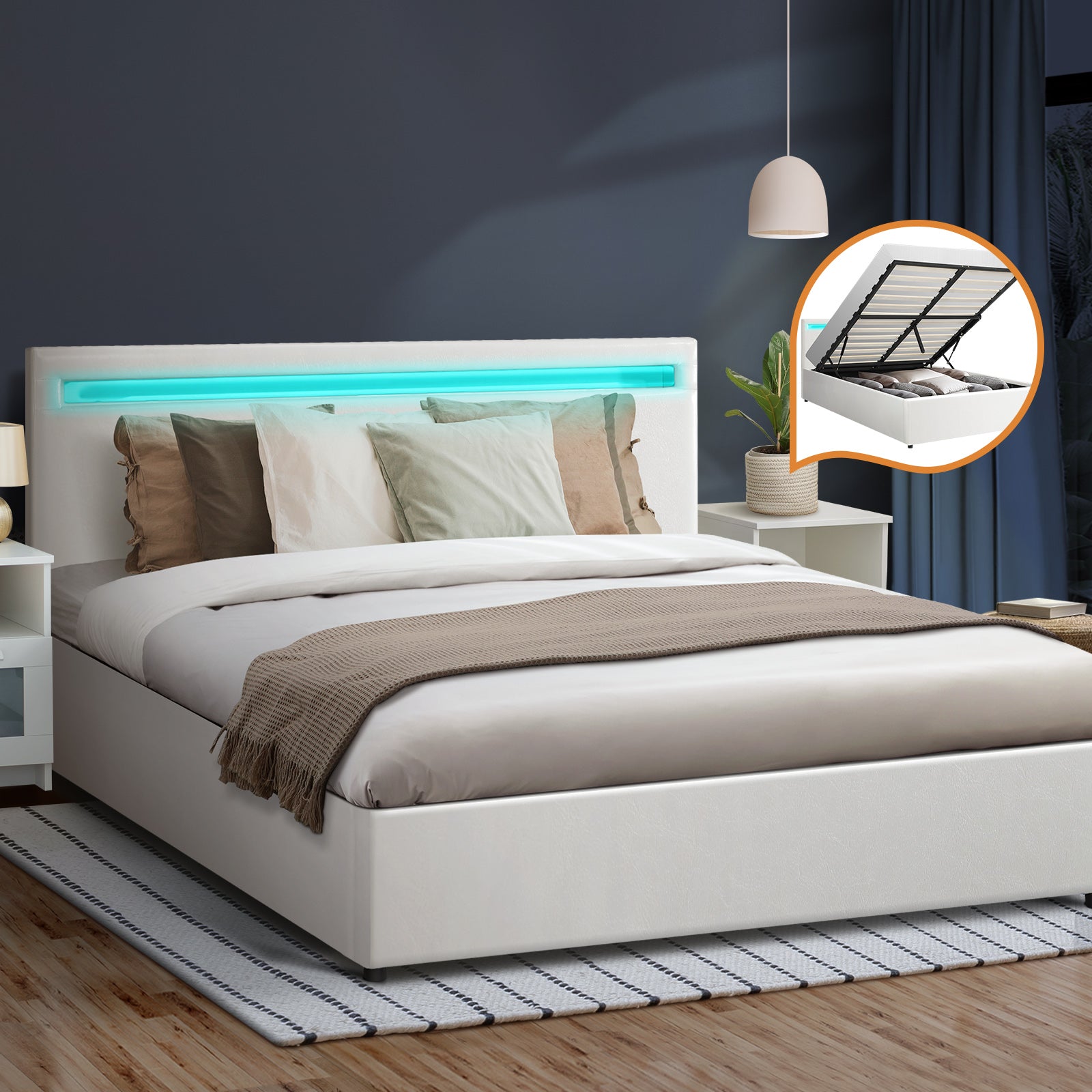 Oikiture Bed Frame Double Size RGB LED Gas Lift Storage Base White - Sunyee