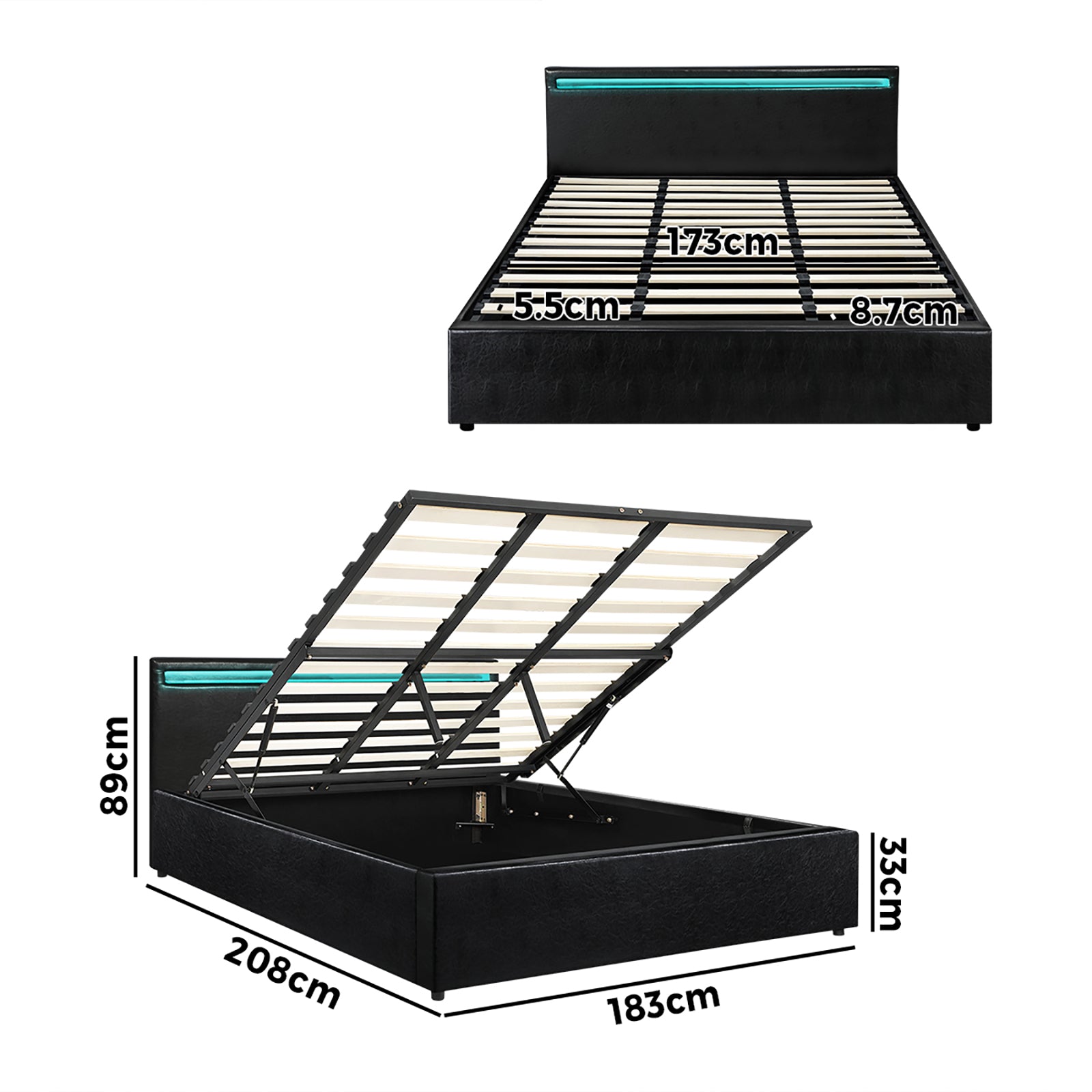 Oikiture Bed Frame RGB LED King Size Gas Lift Storage Base Black - Sunyee