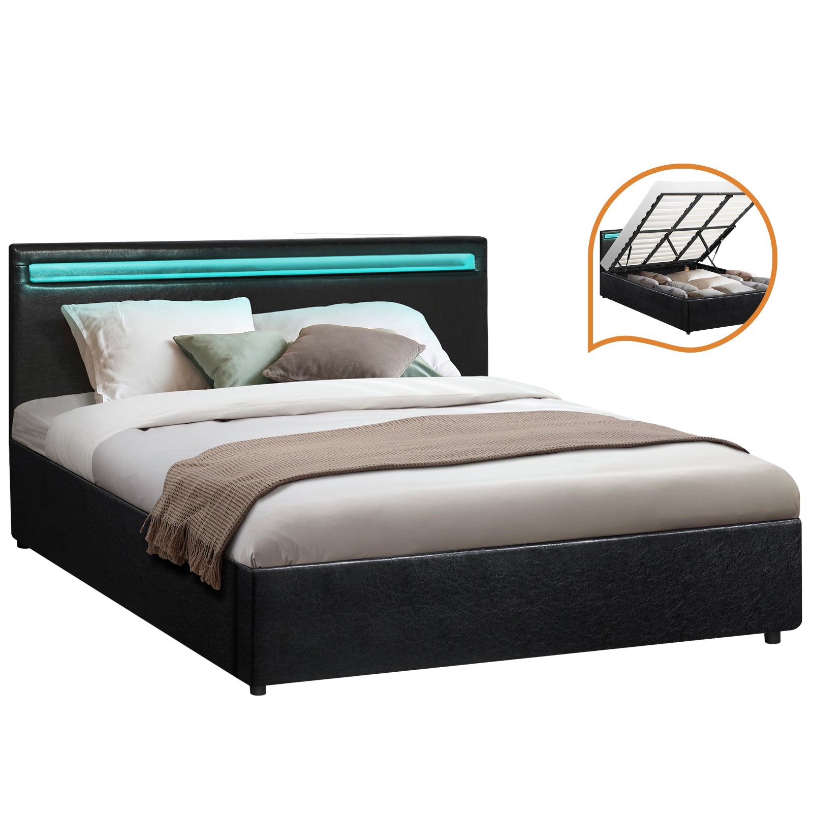 Oikiture Bed Frame RGB LED King Size Gas Lift Storage Base Black - Sunyee