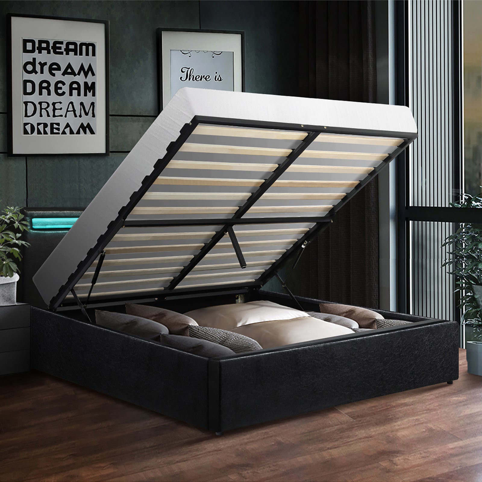 Oikiture Bed Frame RGB LED King Single Gas Lift Storage Base Black - Sunyee