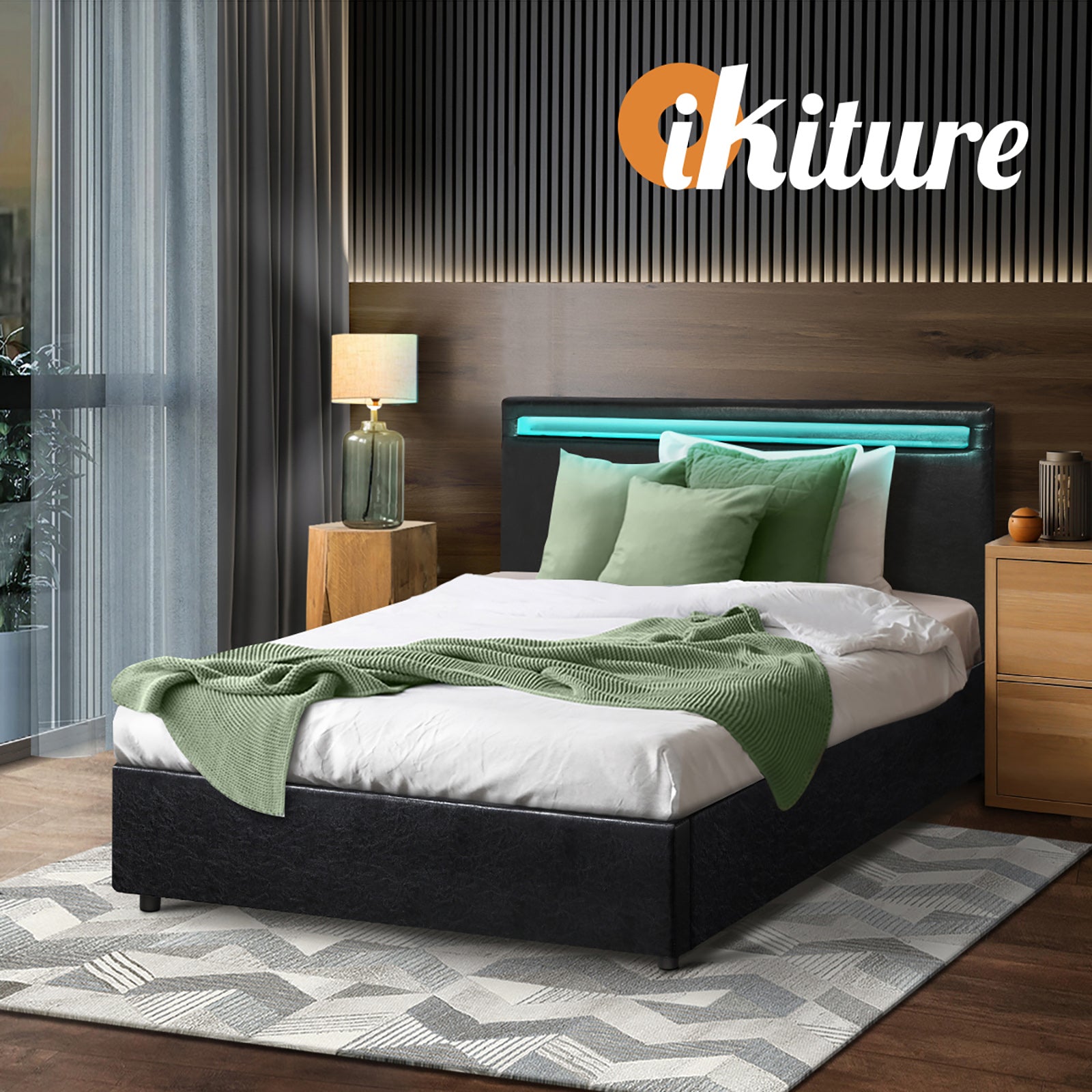 Oikiture Bed Frame RGB LED King Single Gas Lift Storage Base Black - Sunyee