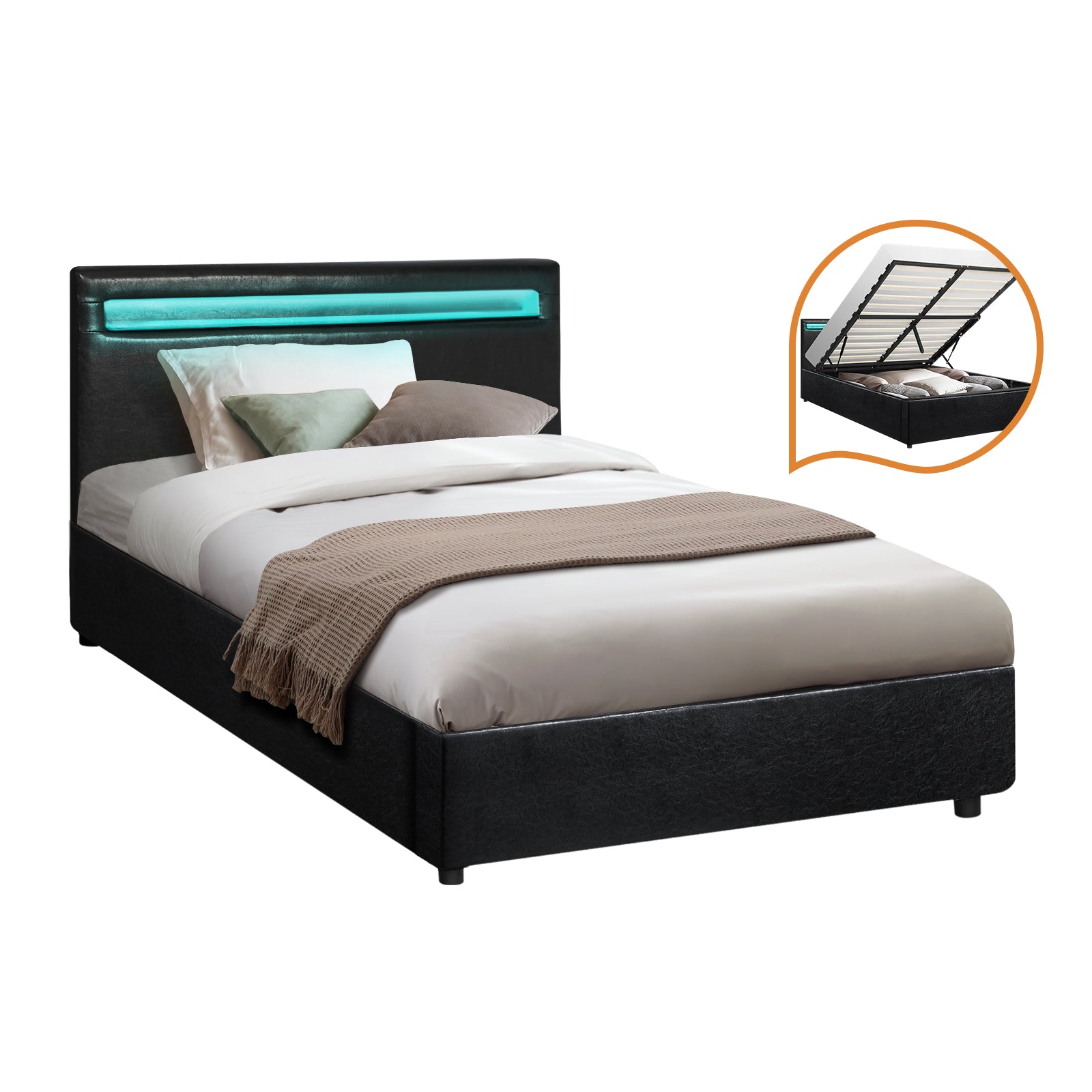 Oikiture Bed Frame Queen Double King Single RGB LED Gas Lift Base Storage Black - Sunyee