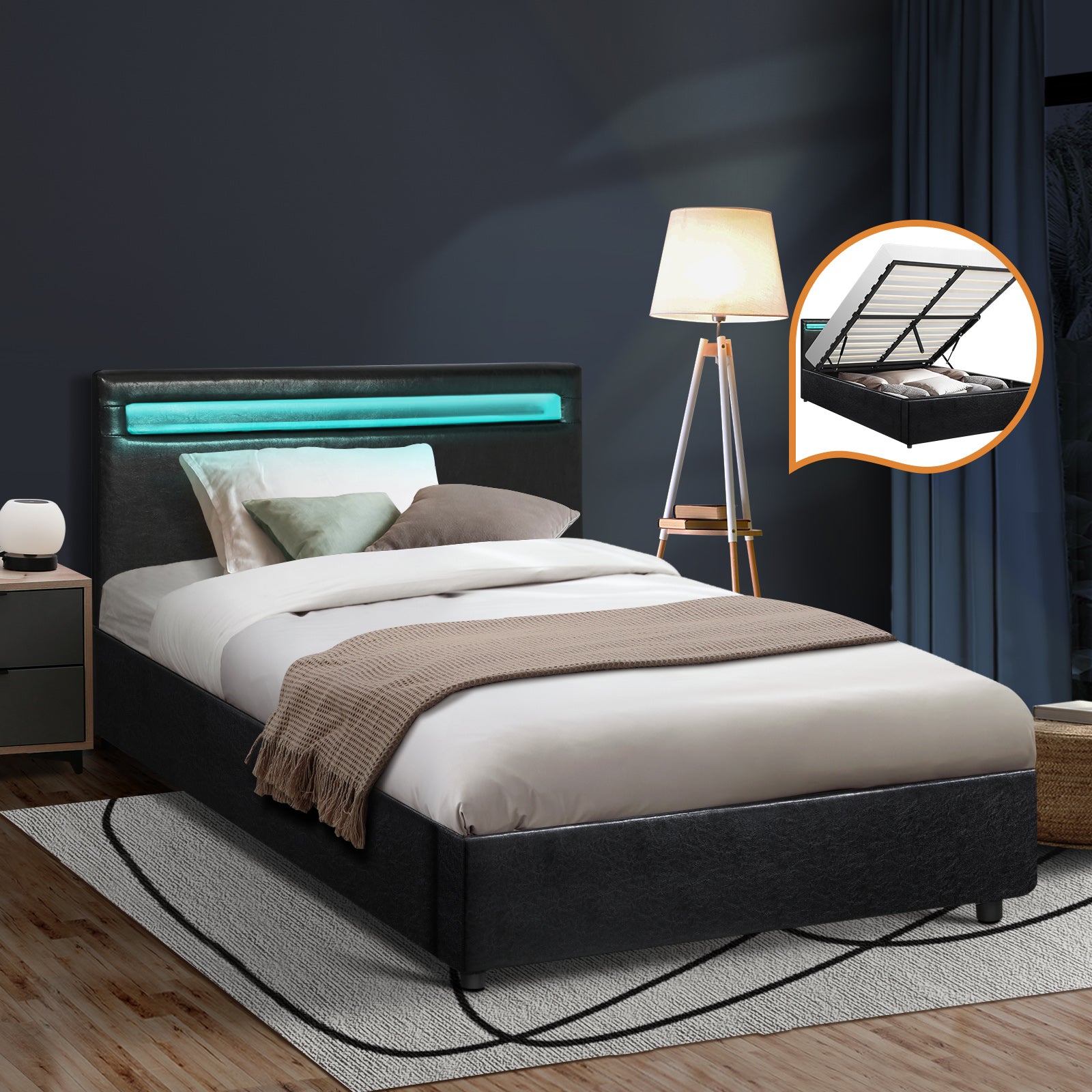 Oikiture Bed Frame RGB LED King Single Gas Lift Storage Base Black - Sunyee
