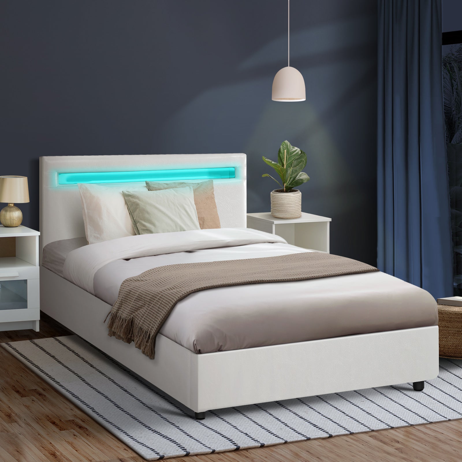 Oikiture Bed Frame Queen Double King Single RGB LED Gas Lift Base Storage White - Sunyee