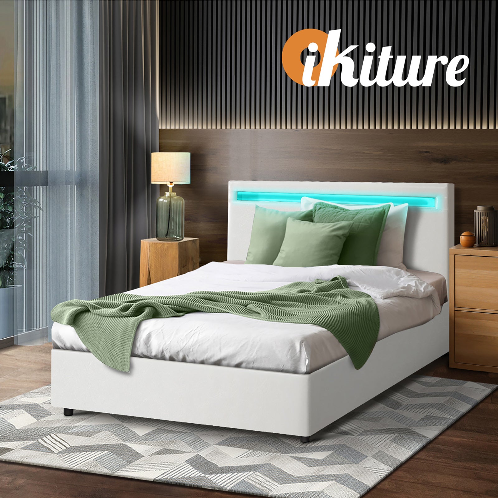 Oikiture Bed Frame King Single RGB LED Gas Lift Storage Base White - Sunyee