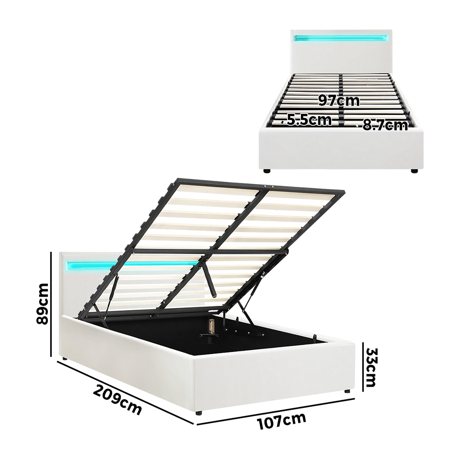 Oikiture Bed Frame King Single RGB LED Gas Lift Storage Base White - Sunyee