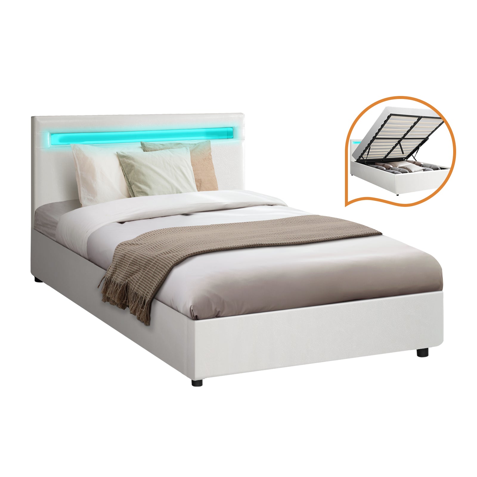 Oikiture Bed Frame Queen Double King Single RGB LED Gas Lift Base Storage White - Sunyee