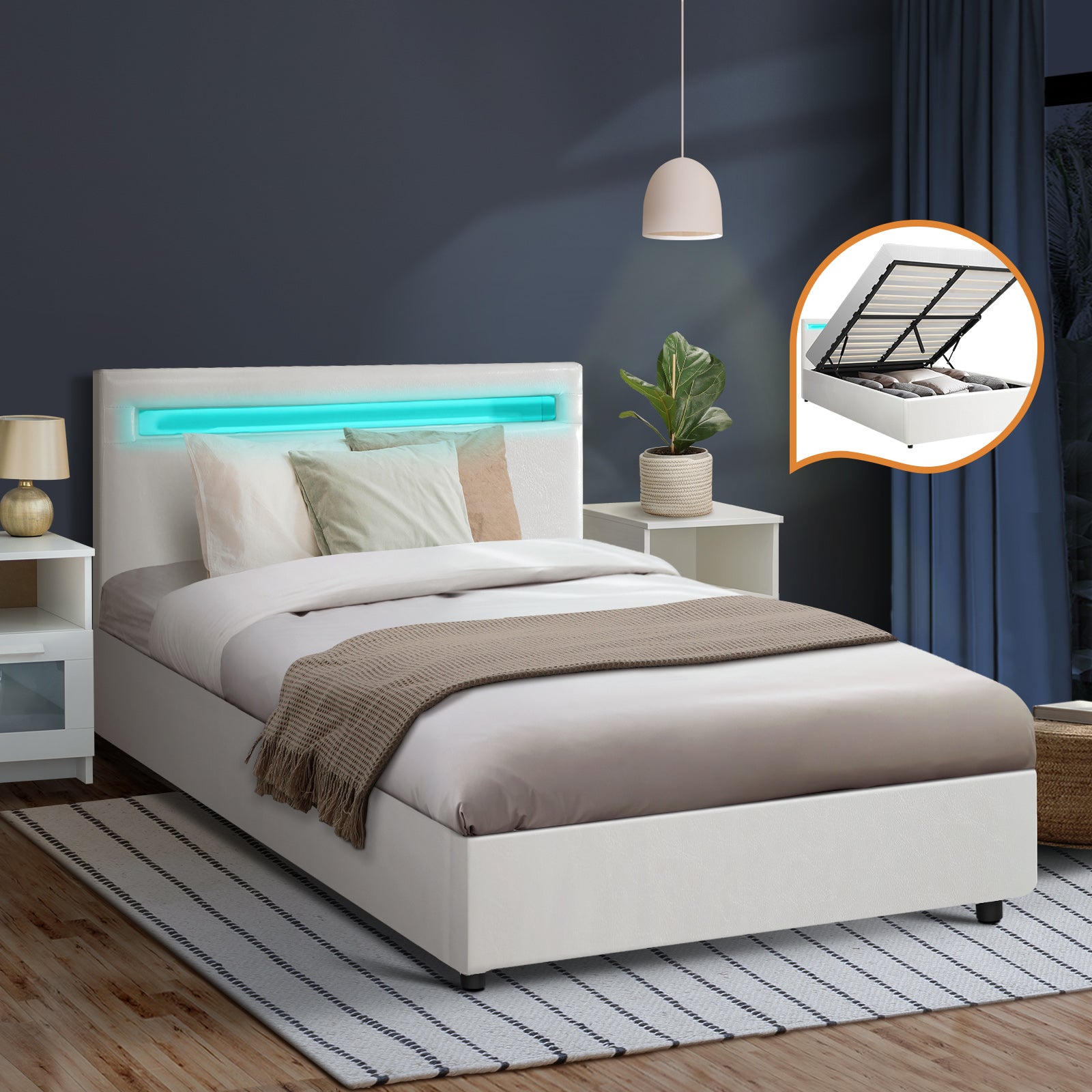 Oikiture Bed Frame King Single RGB LED Gas Lift Storage Base White - Sunyee