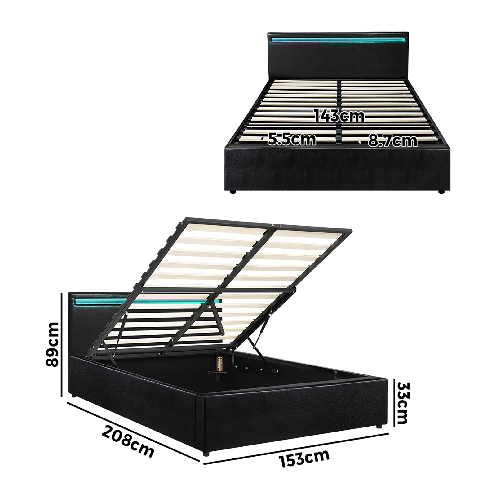 Oikiture Bed Frame RGB LED Queen Size Gas Lift Storage Base Black - Sunyee