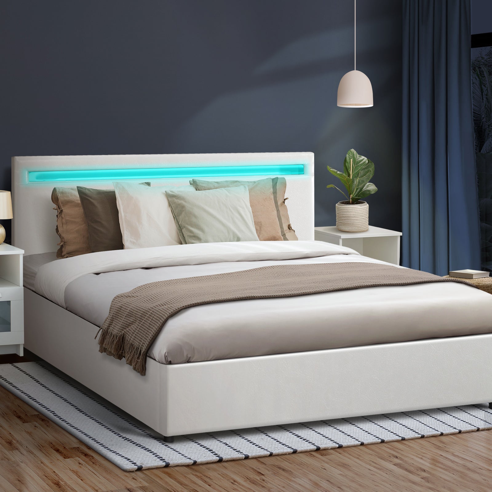 Oikiture Bed Frame Queen Double King Single RGB LED Gas Lift Base Storage White - Sunyee